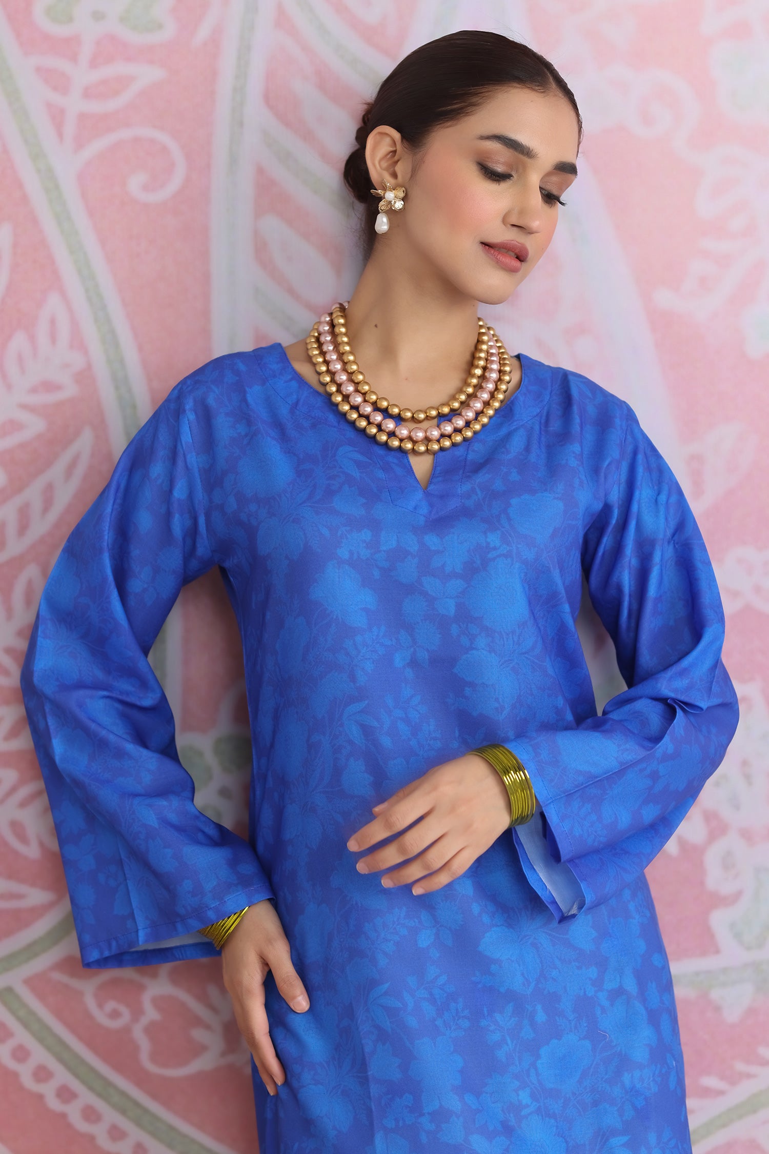 Blue Printed Lawn Cotton Kurta Set with Farsi Pants
