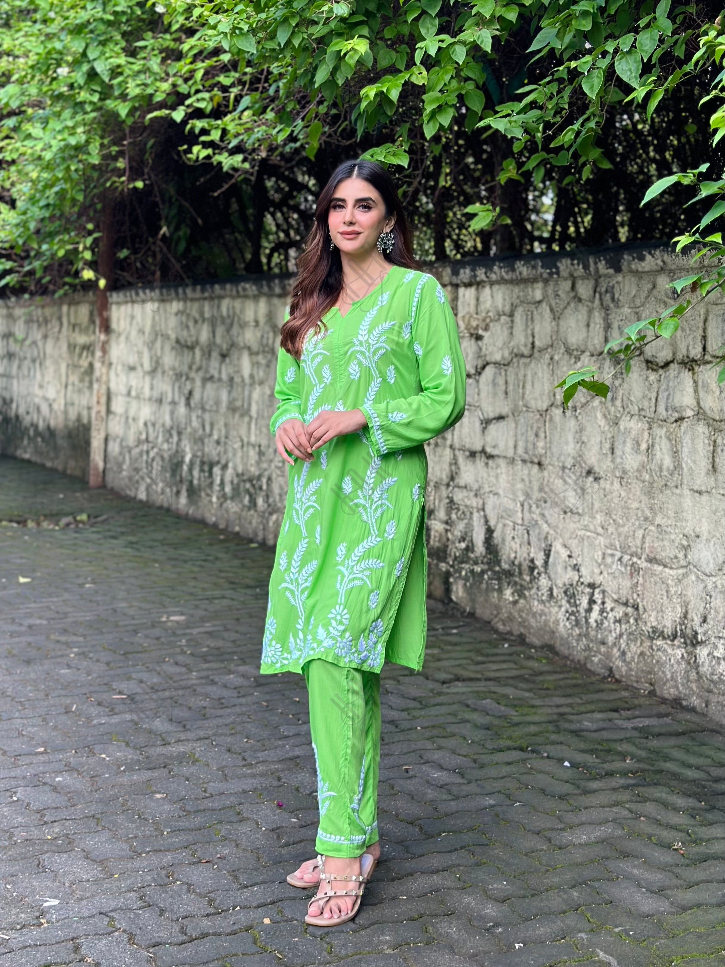 Miesha in Chikankari Short Modal Kurta Set - Green - House Of Kari (Chikankari Clothing)