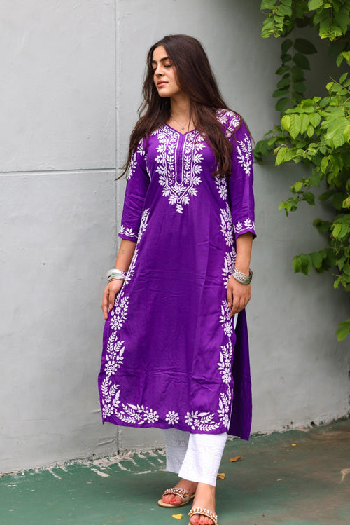 Sasha in Chikankari Long Kurta in Rayon Cotton for Women- Purple - House Of Kari (Chikankari Clothing)
