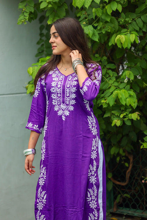 Sasha in Chikankari Long Kurta in Rayon Cotton for Women- Purple - House Of Kari (Chikankari Clothing)