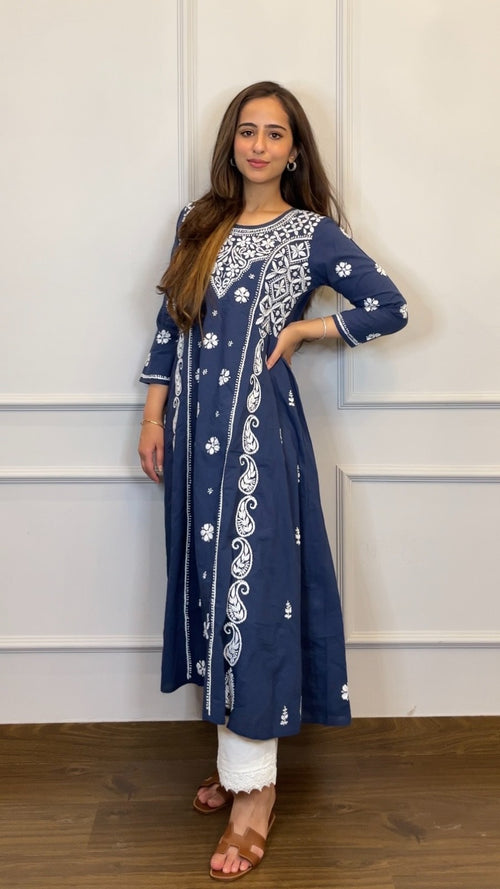 Smridhi in Hand embroidery Chikankari Dress- Dark Blue & White