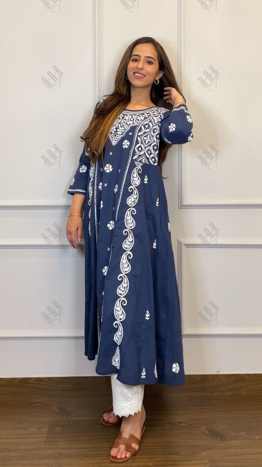 Smridhi in Hand embroidery Chikankari Dress- Dark Blue & White