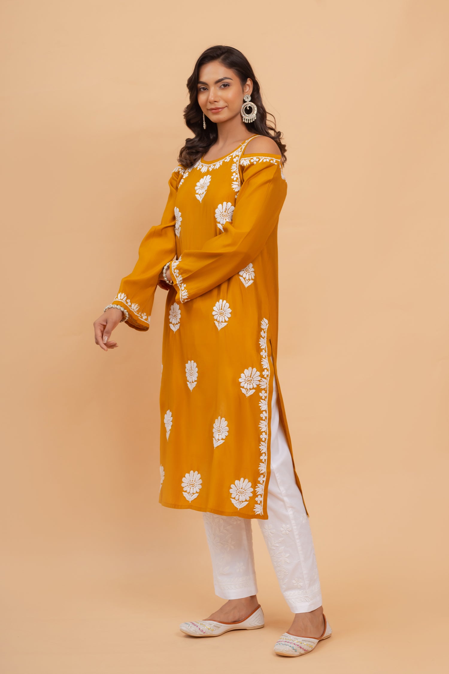 Himani in Saba Chikankari Long Kurta Shoulder Cut In Muslin - Mustard