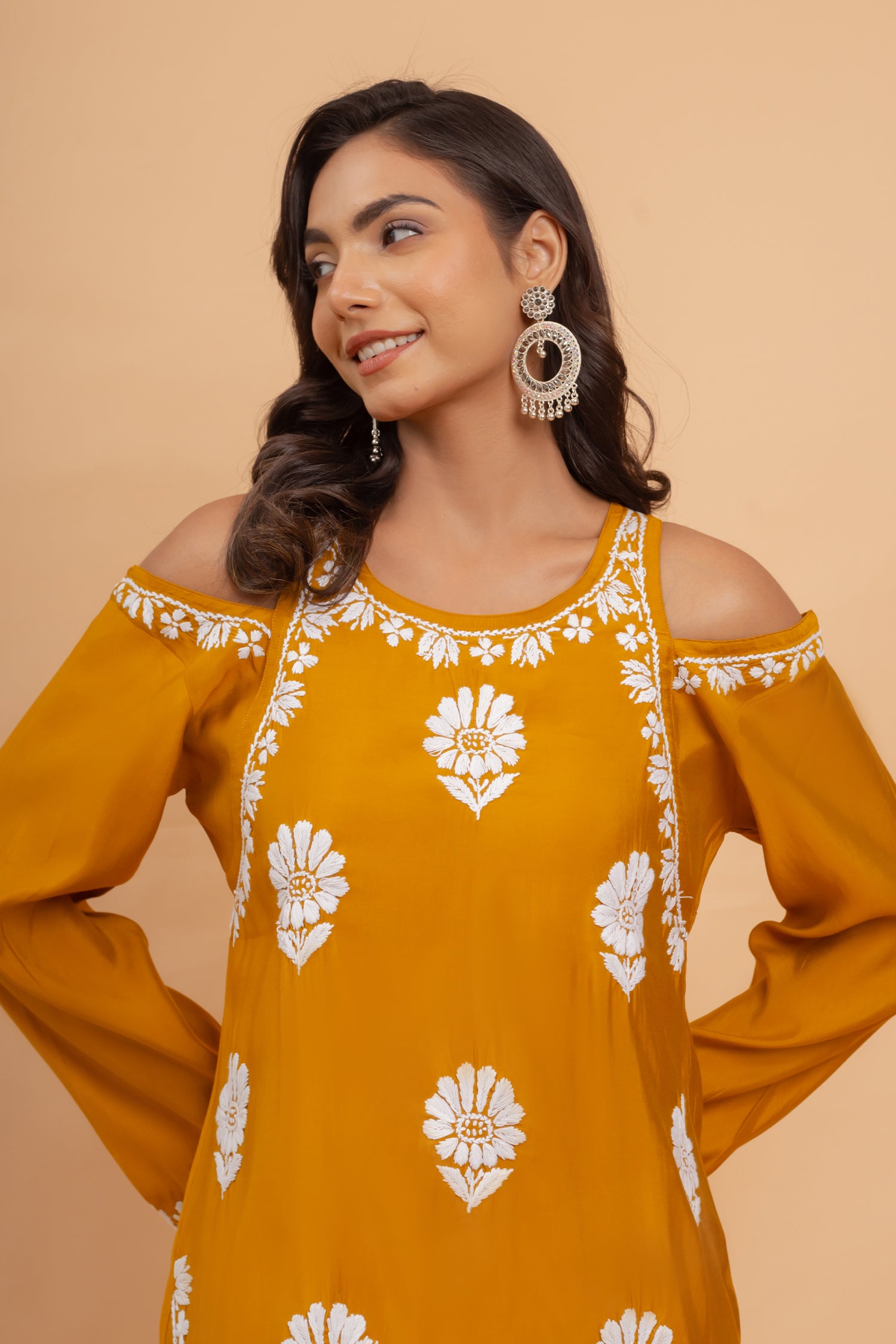 Himani in Saba Chikankari Long Kurta Shoulder Cut In Muslin - Mustard