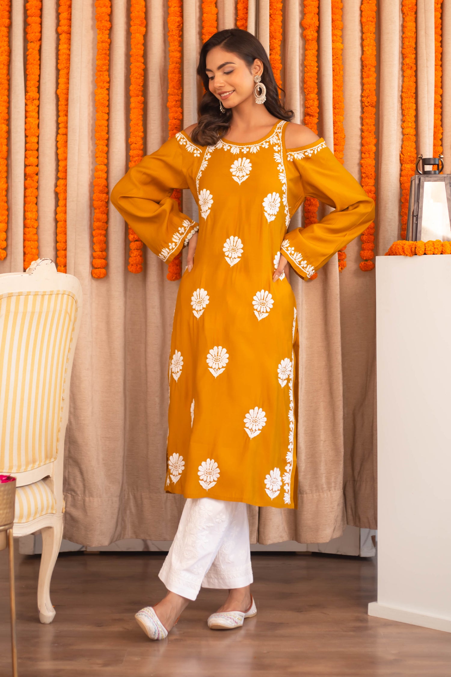 Saba Chikankari Long Kurta Shoulder Cut In Muslin - Mustard