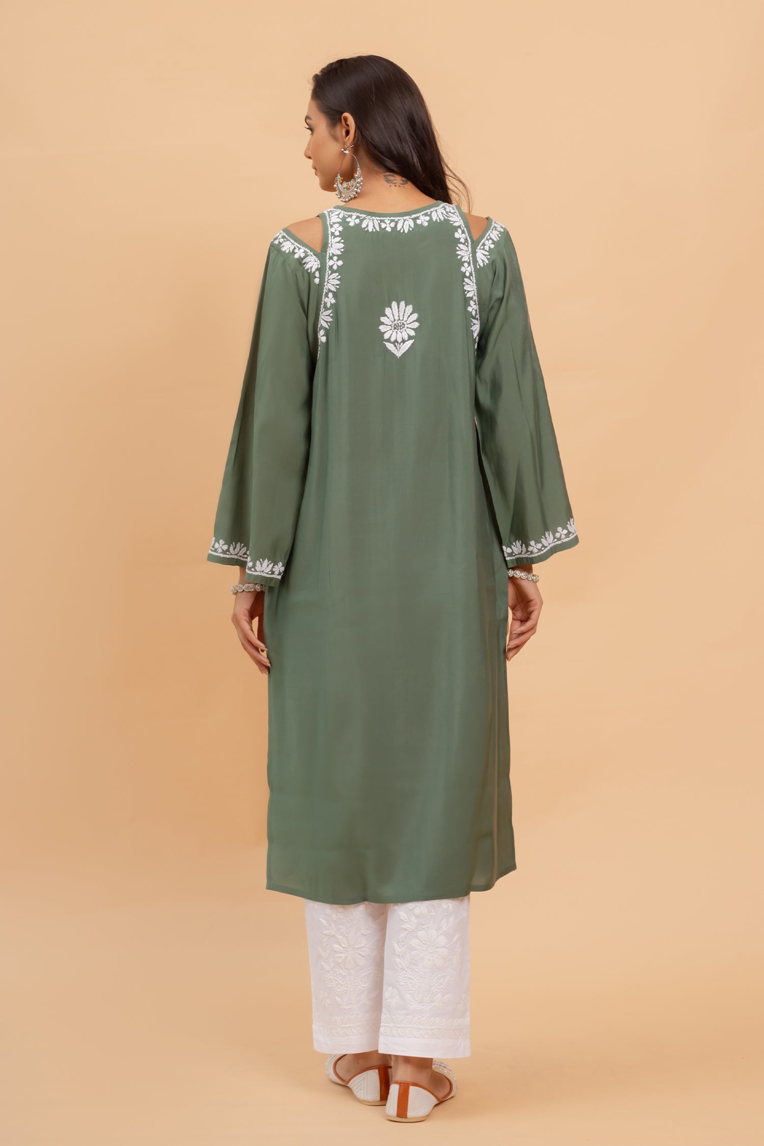 Saba Chikankari Long Kurta Shoulder Cut In Muslin - Bottle Green