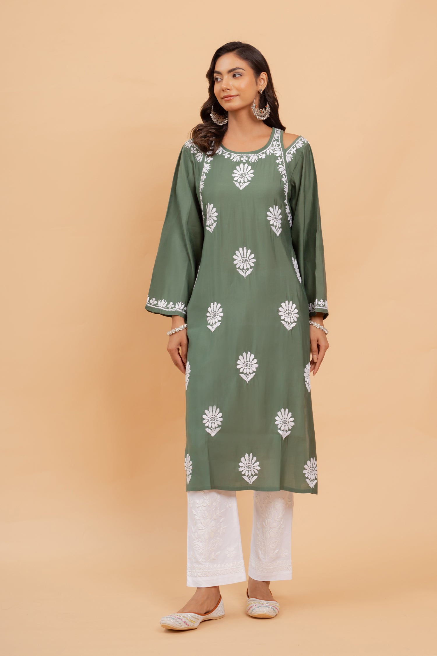 Saba Chikankari Long Kurta Shoulder Cut In Muslin - Bottle Green