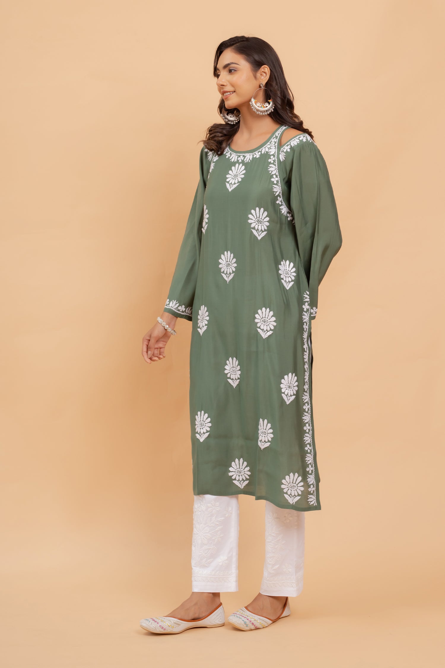 Saba Chikankari Long Kurta Shoulder Cut In Muslin - Bottle Green