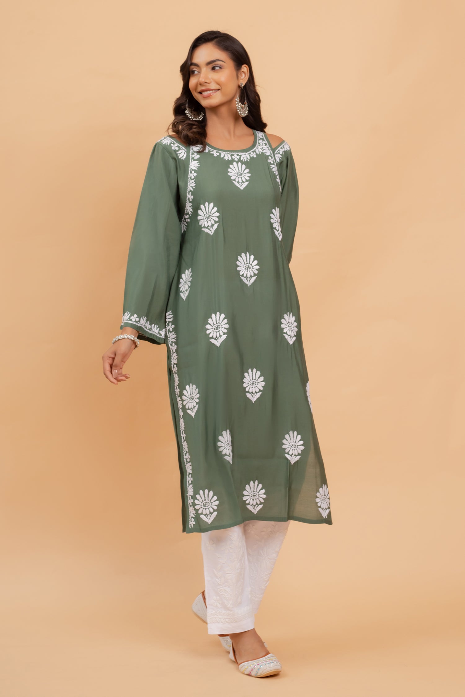 Saba Chikankari Long Kurta Shoulder Cut In Muslin - Bottle Green