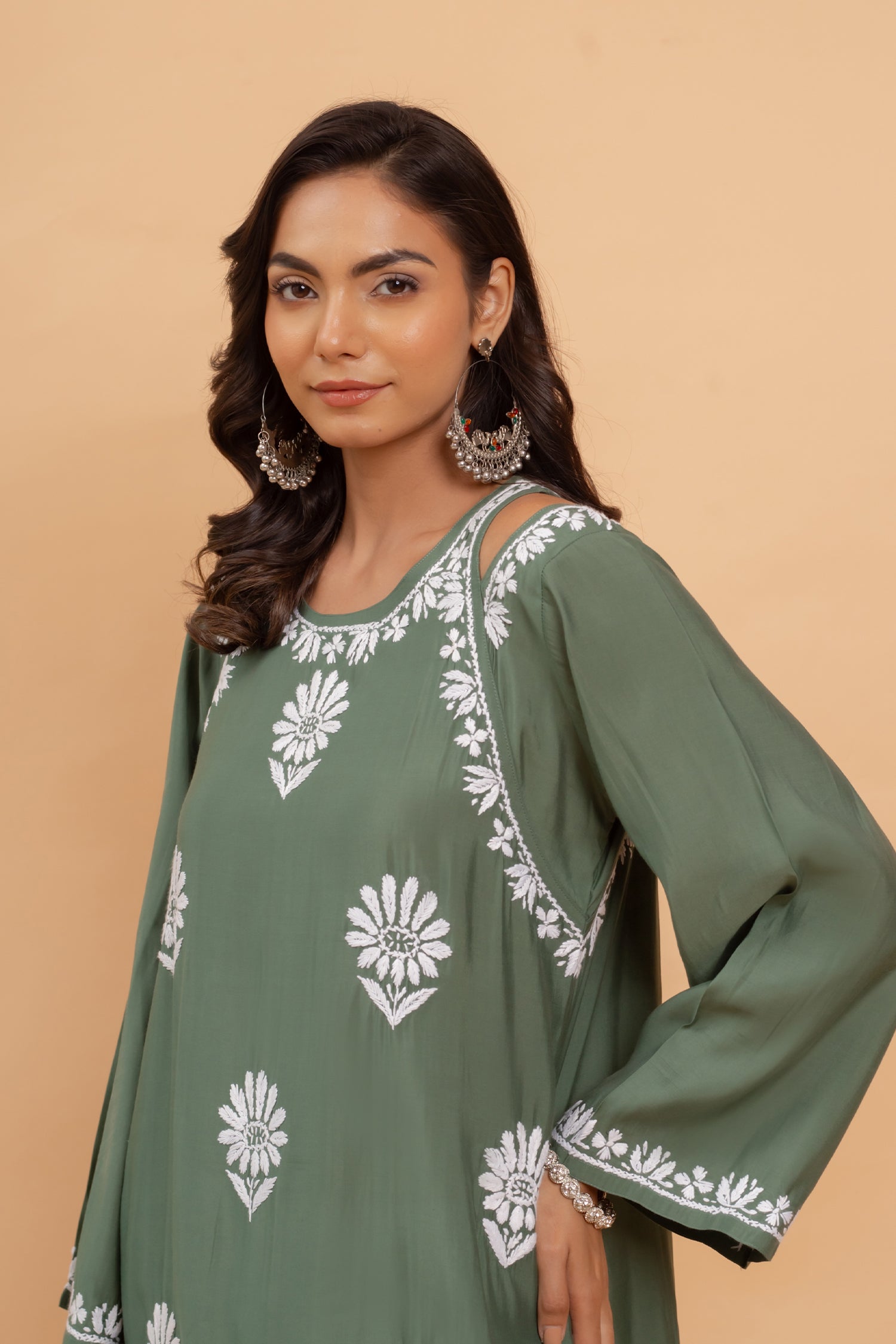 Saba Chikankari Long Kurta Shoulder Cut In Muslin - Bottle Green