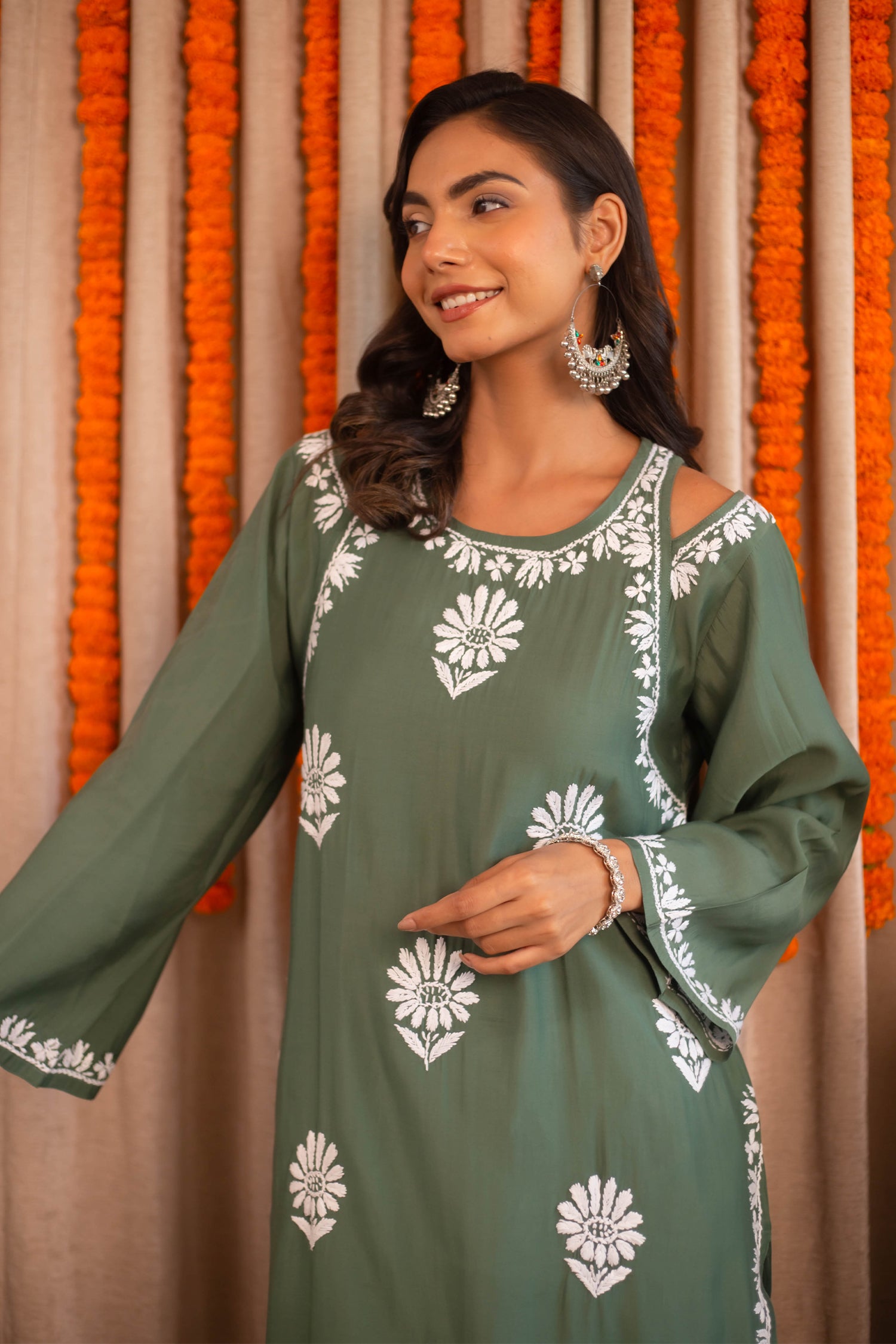 Saba Chikankari Long Kurta Shoulder Cut In Muslin - Bottle Green