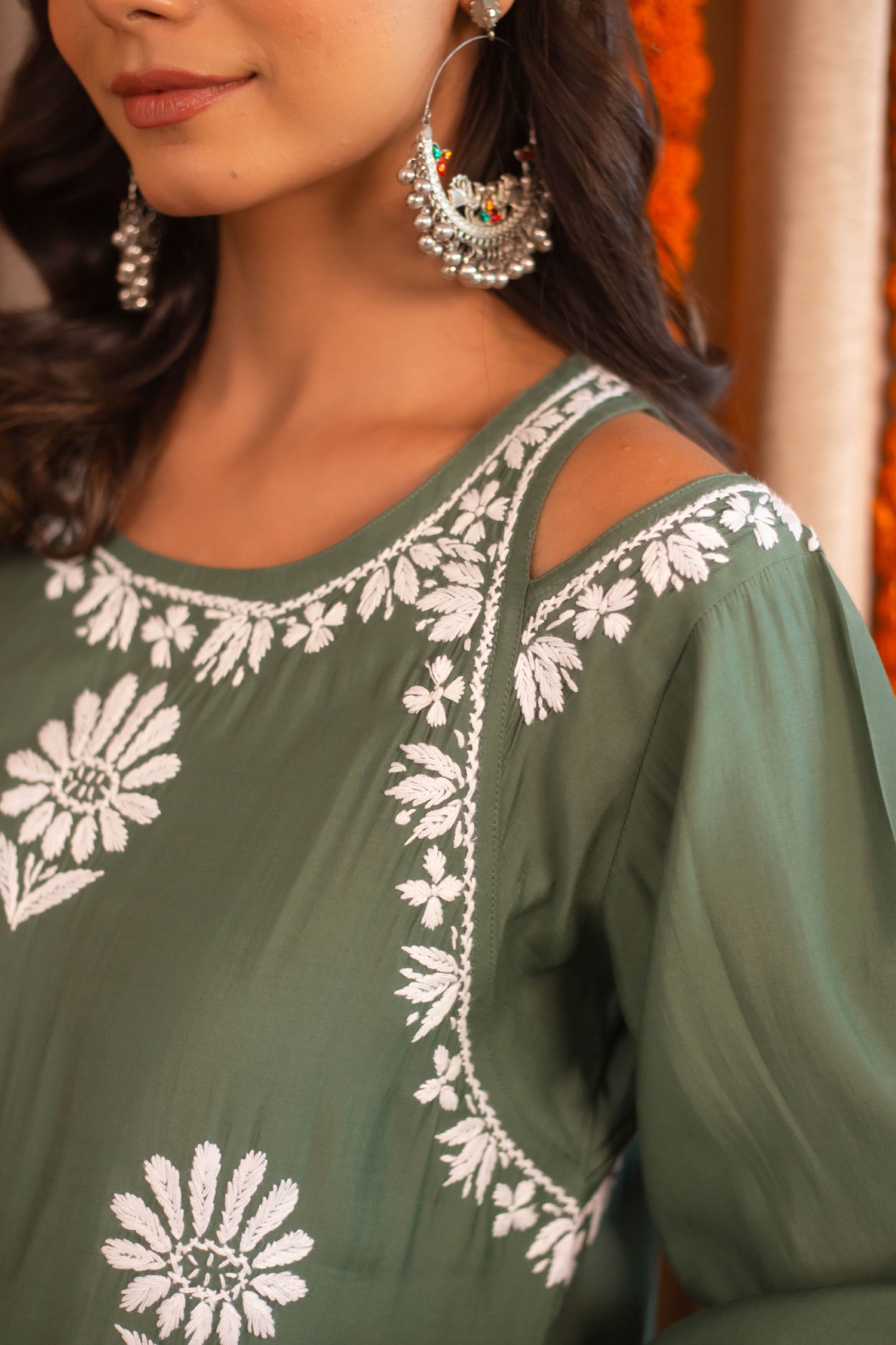 Saba Chikankari Long Kurta Shoulder Cut In Muslin - Bottle Green