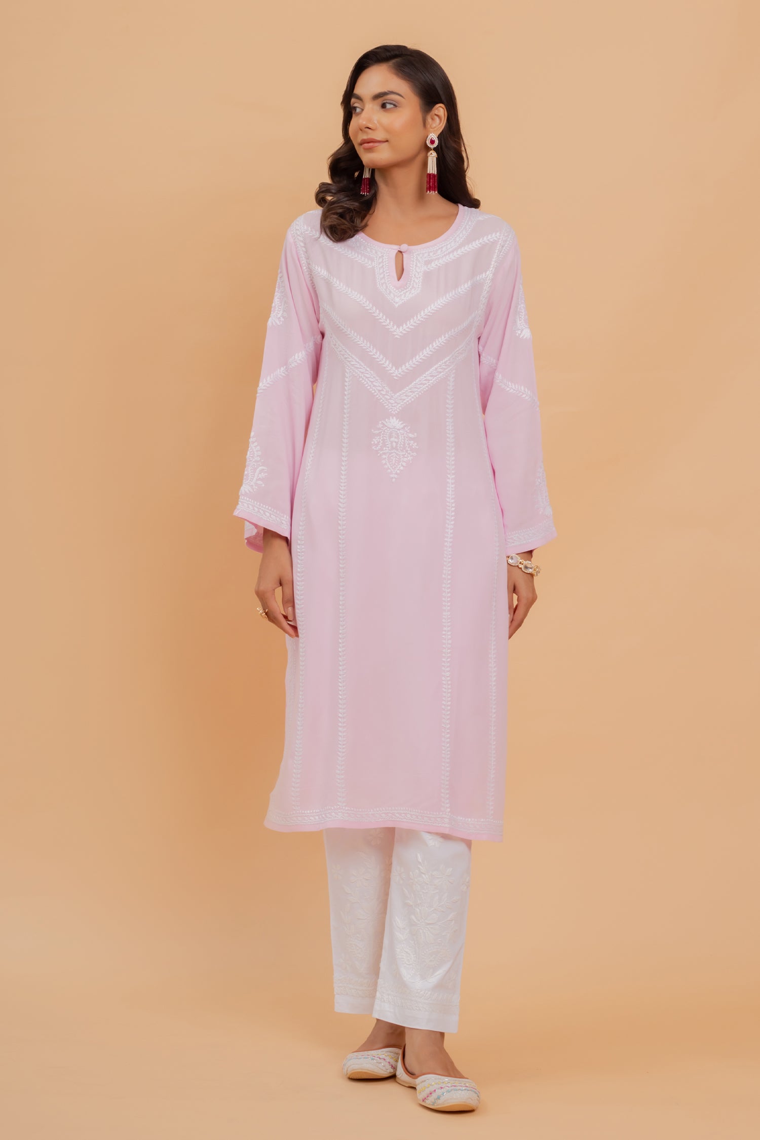 Saba Chikankari Long Kurta In Rayon - Pink