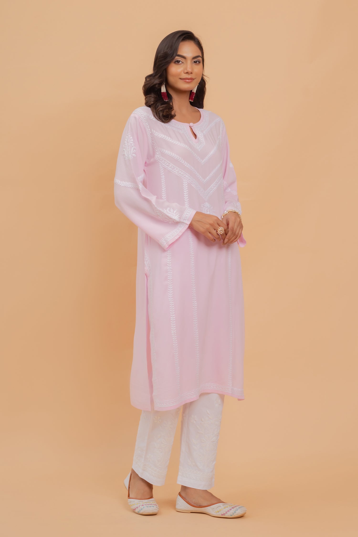 Saba Chikankari Long Kurta In Rayon - Pink