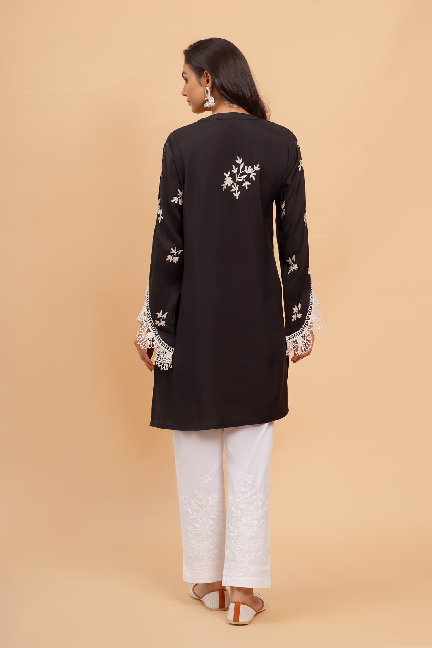 Saba Zari Work Long Kurta In Muslin - Black