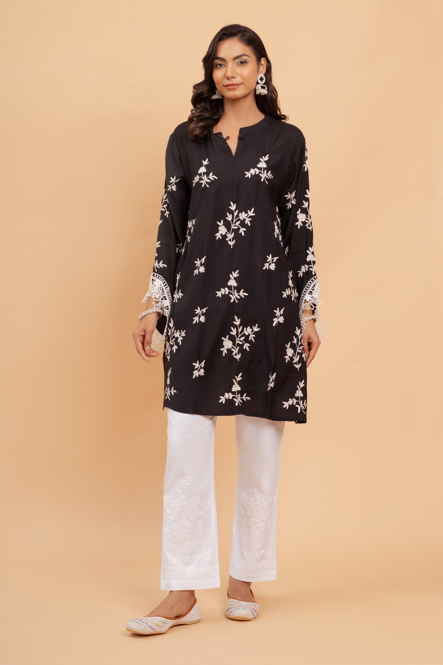 Anushka in Saba Zari Work Long Kurta In Muslin - Black