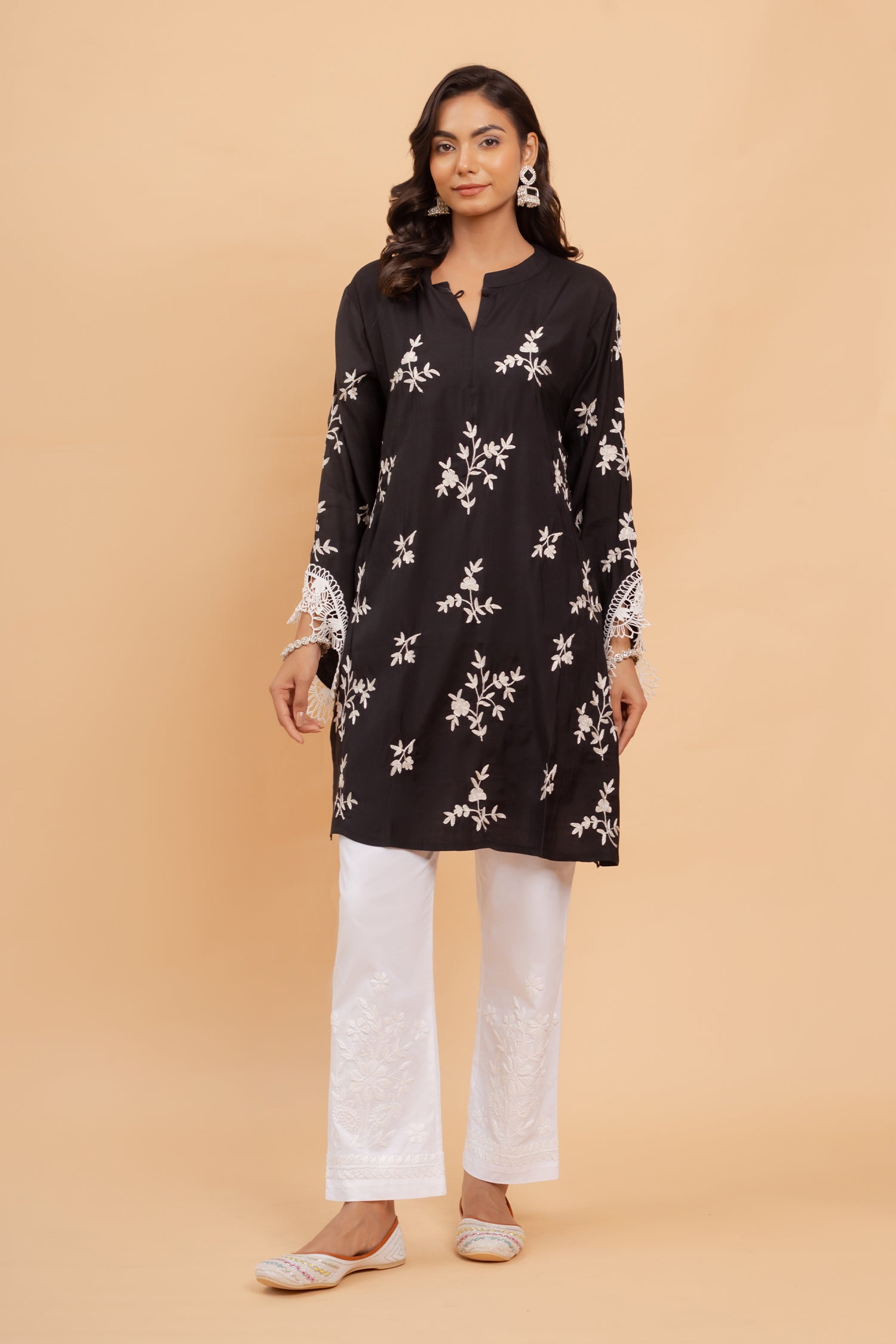 Saba Zari Work Long Kurta In Muslin - Black