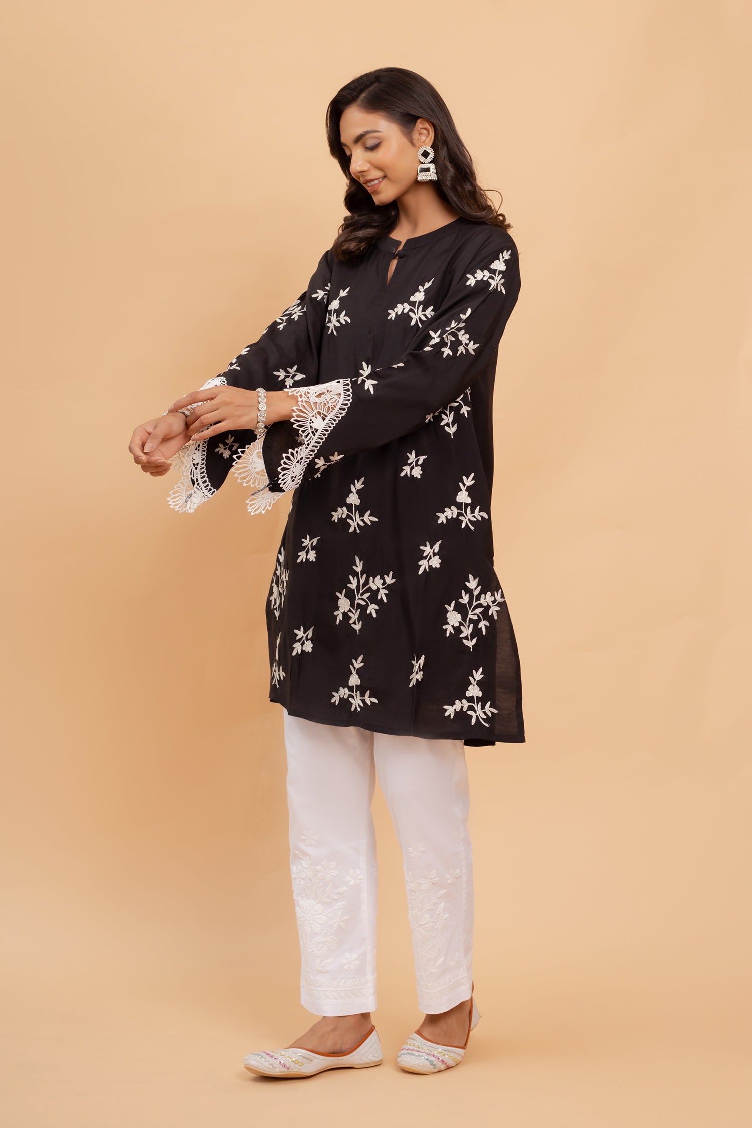 Anushka in Saba Zari Work Long Kurta In Muslin - Black