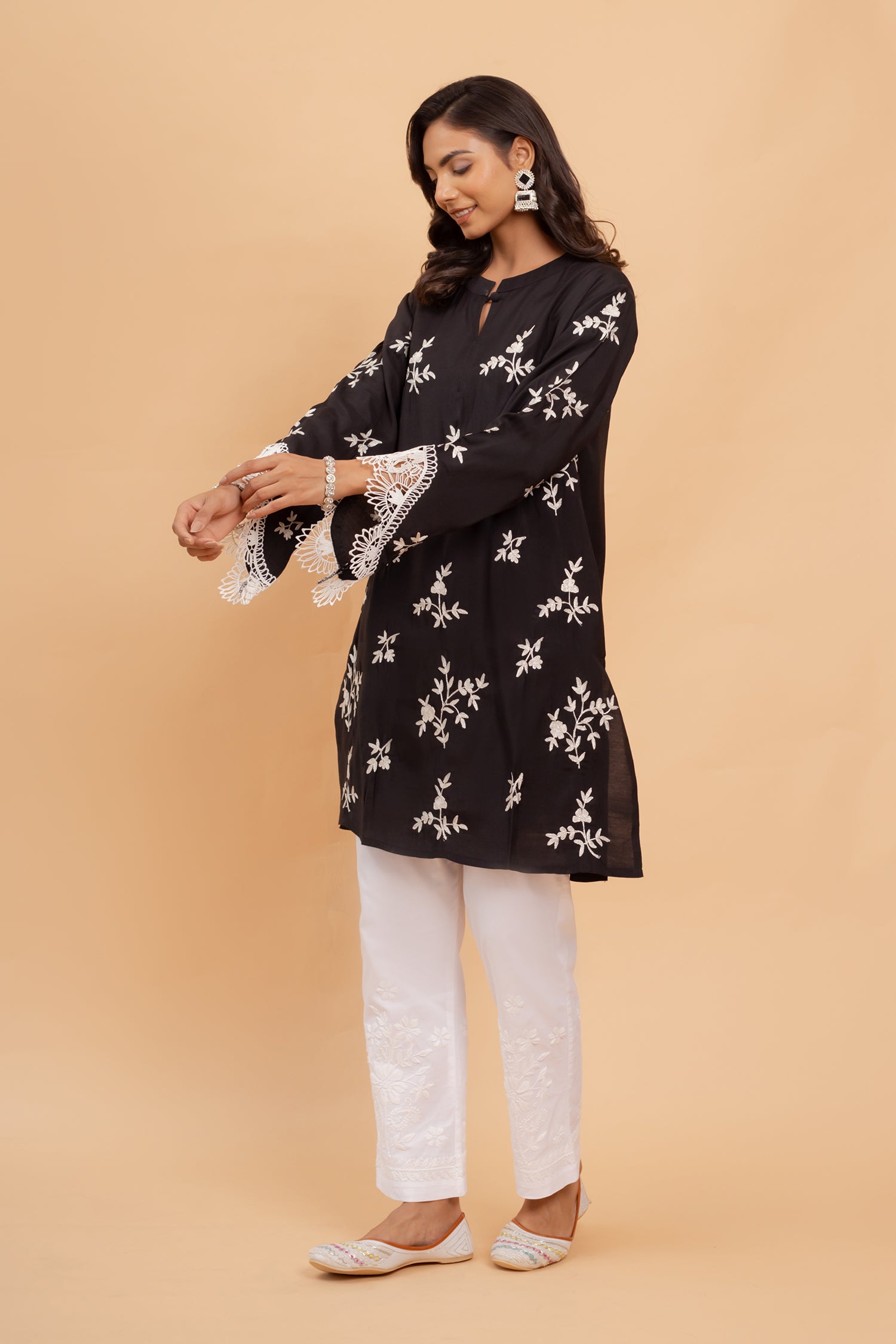 Saba Zari Work Long Kurta In Muslin - Black