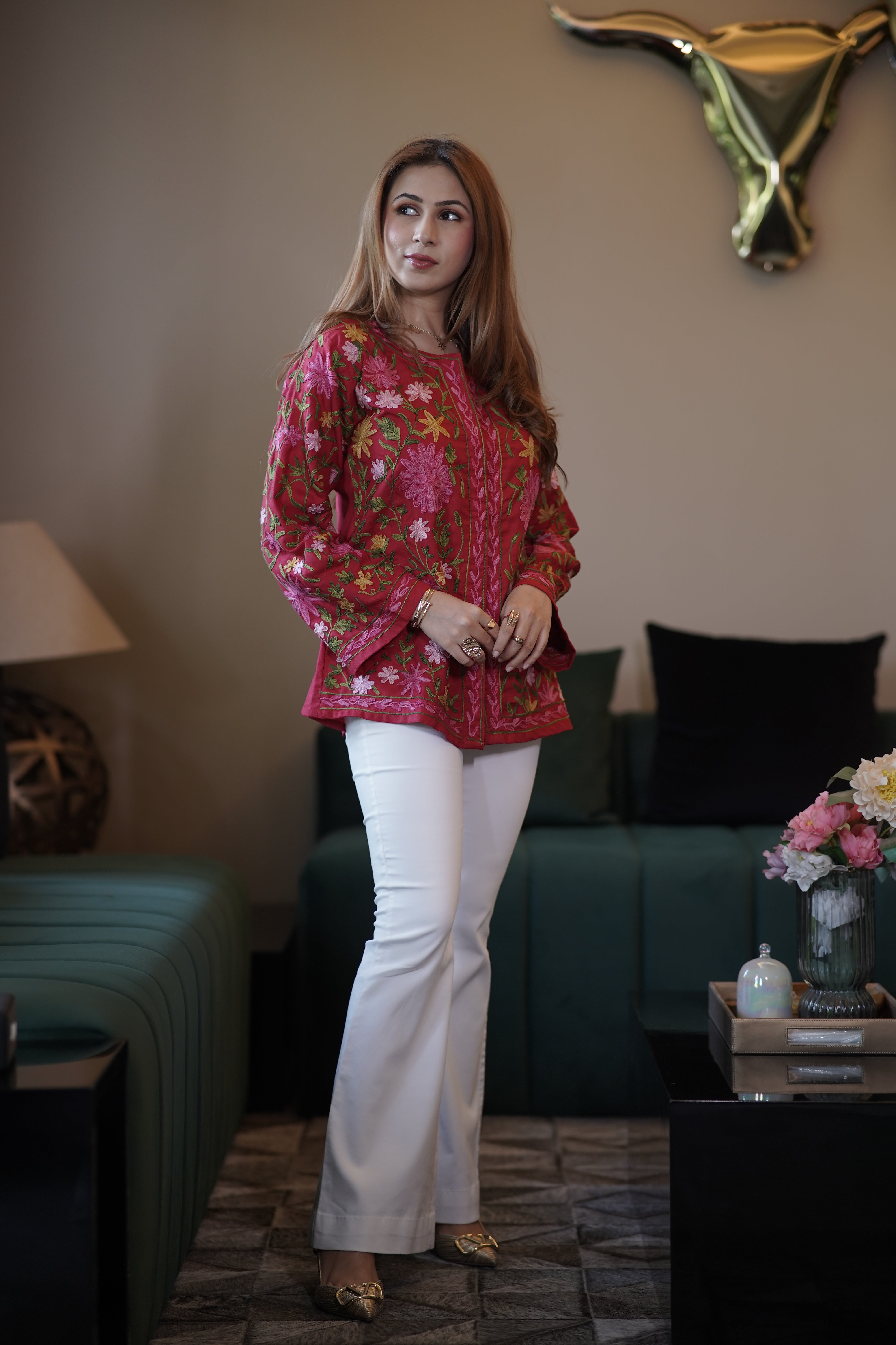 Shikha In Cotton Kashmiri Aari Short Jacket - Red