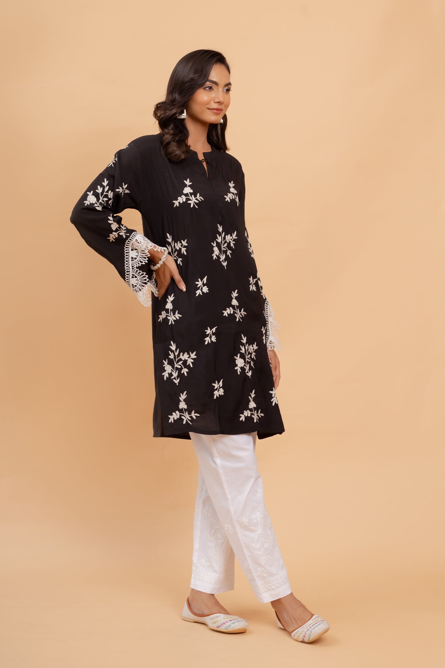 Saba Zari Work Long Kurta In Muslin - Black