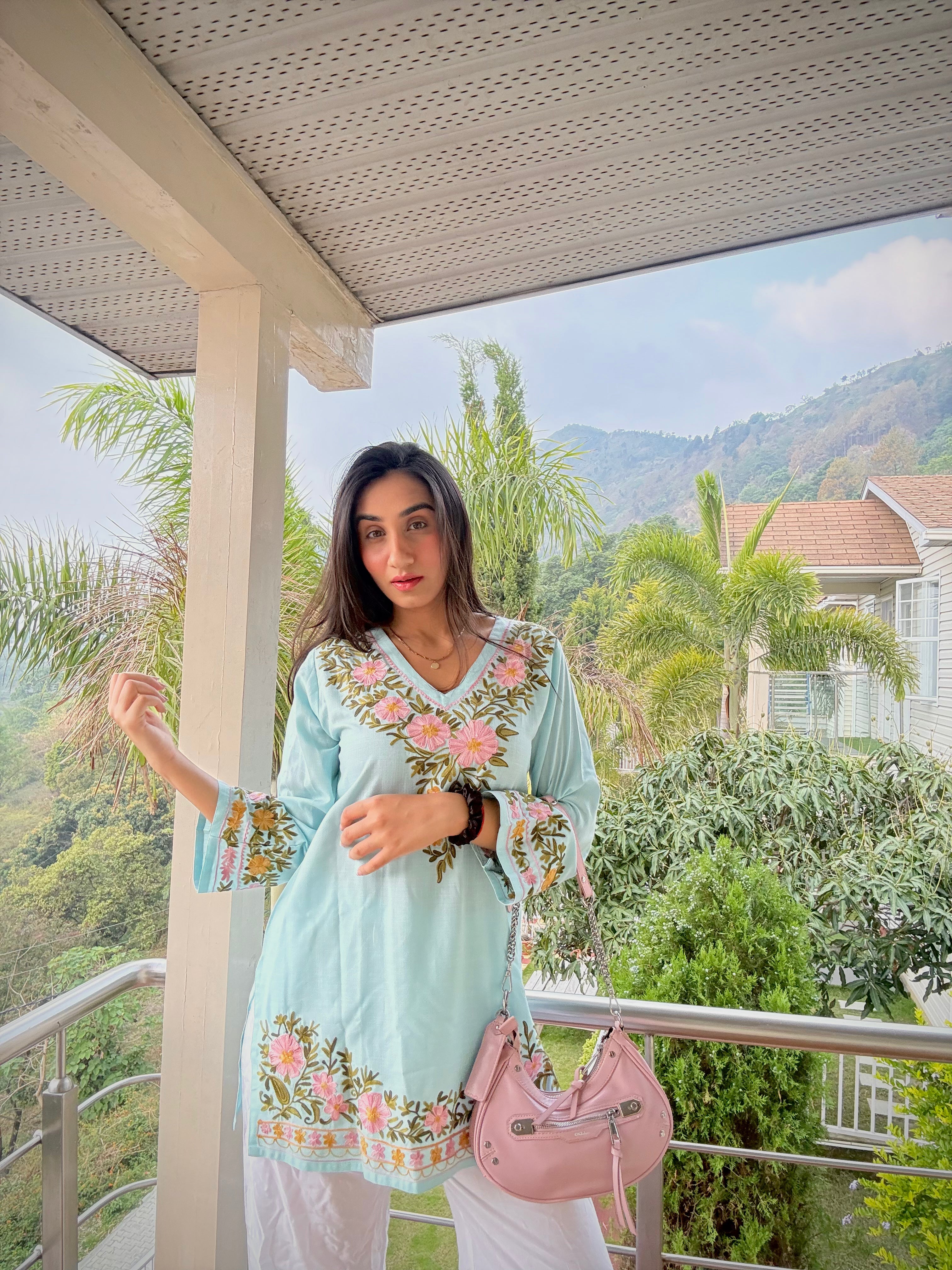 Shefali In Cotton Kashmiri Aari Short Kurta - Light Blue
