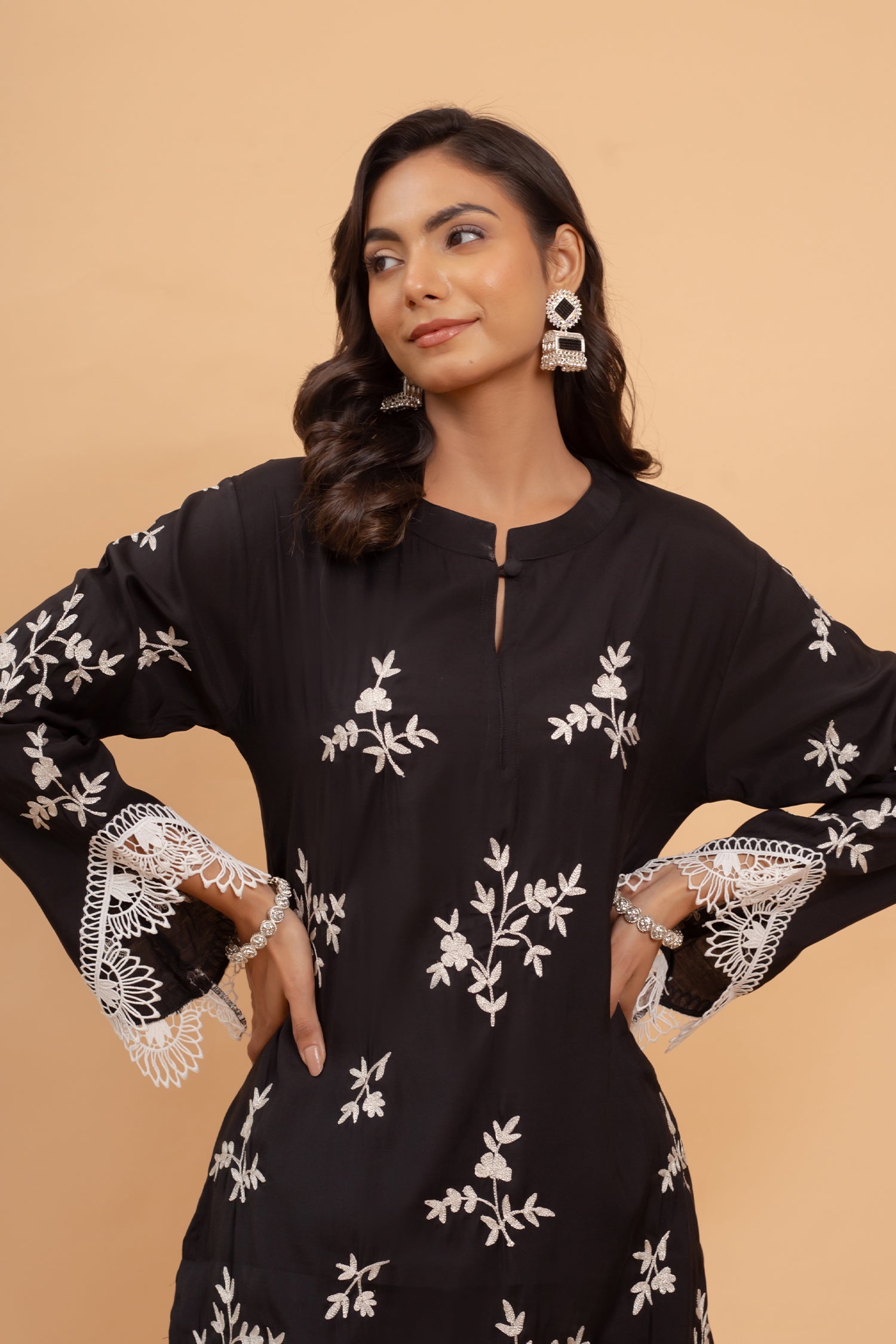 Saba Zari Work Long Kurta In Muslin - Black