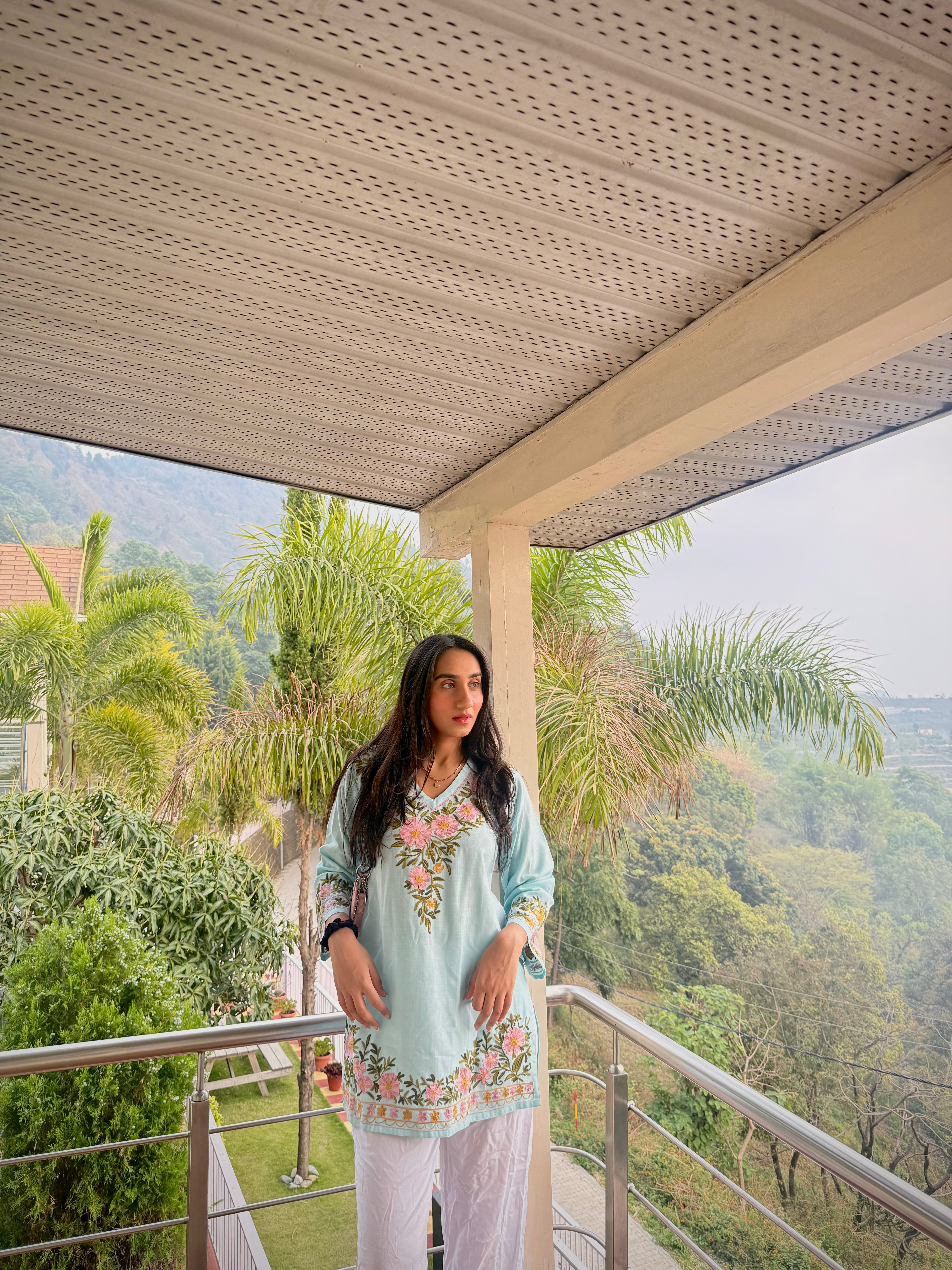 Shefali In Cotton Kashmiri Aari Short Kurta - Light Blue