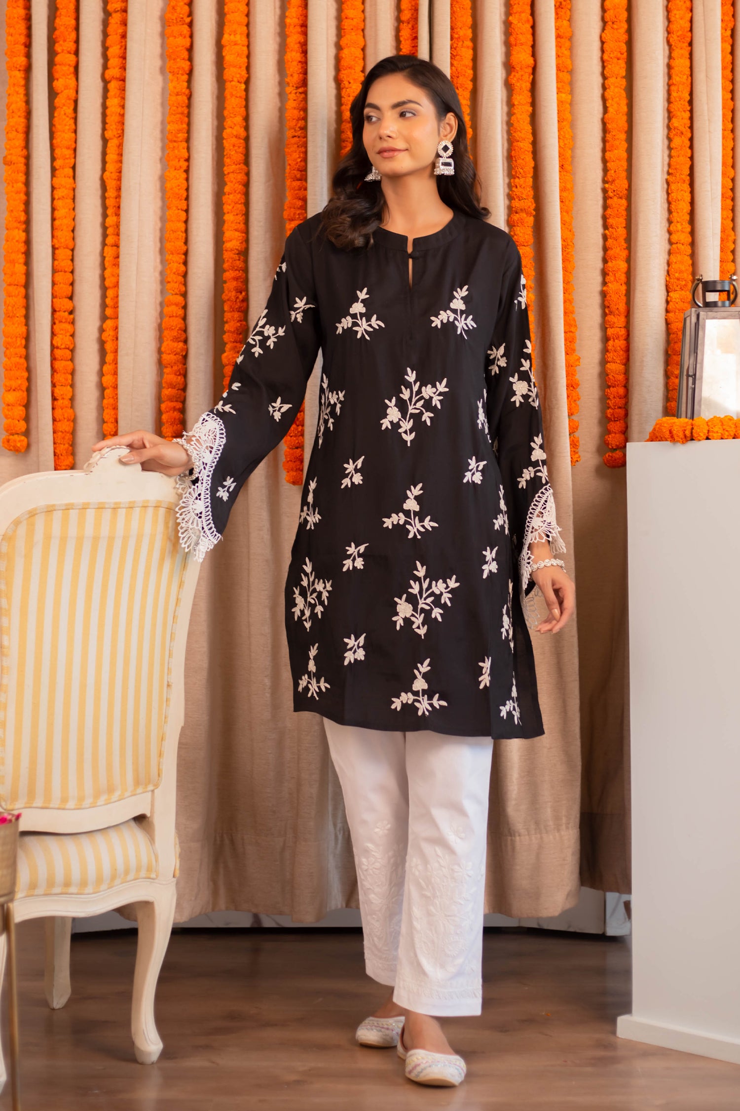 Saba Zari Work Long Kurta In Muslin - Black