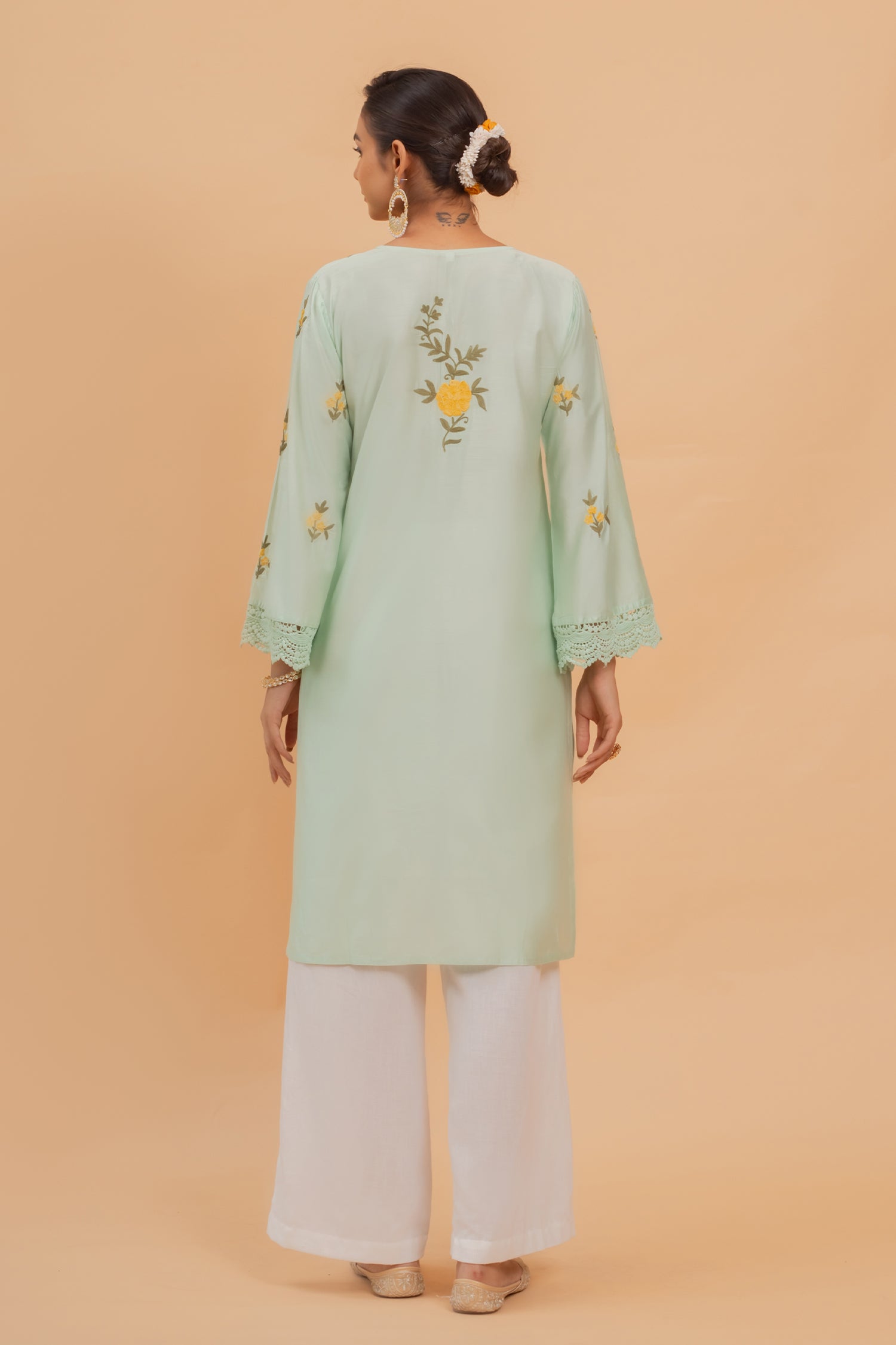 Falak Kashmiri Long Kurta In Turquoise Green Chanderi Silk With Aari