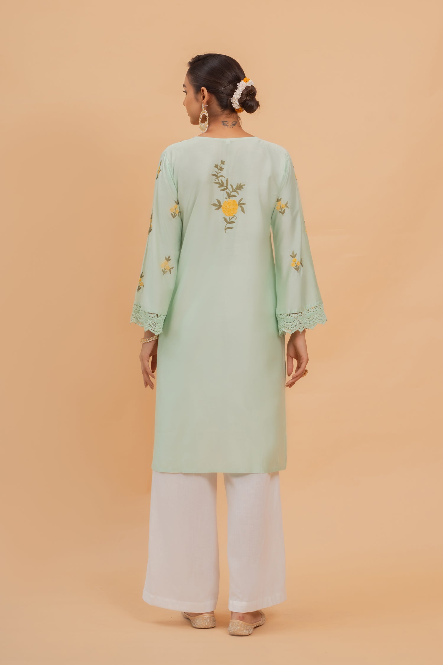 Falak Kashmiri Long Kurta In Turquoise Green Chanderi Silk With Aari