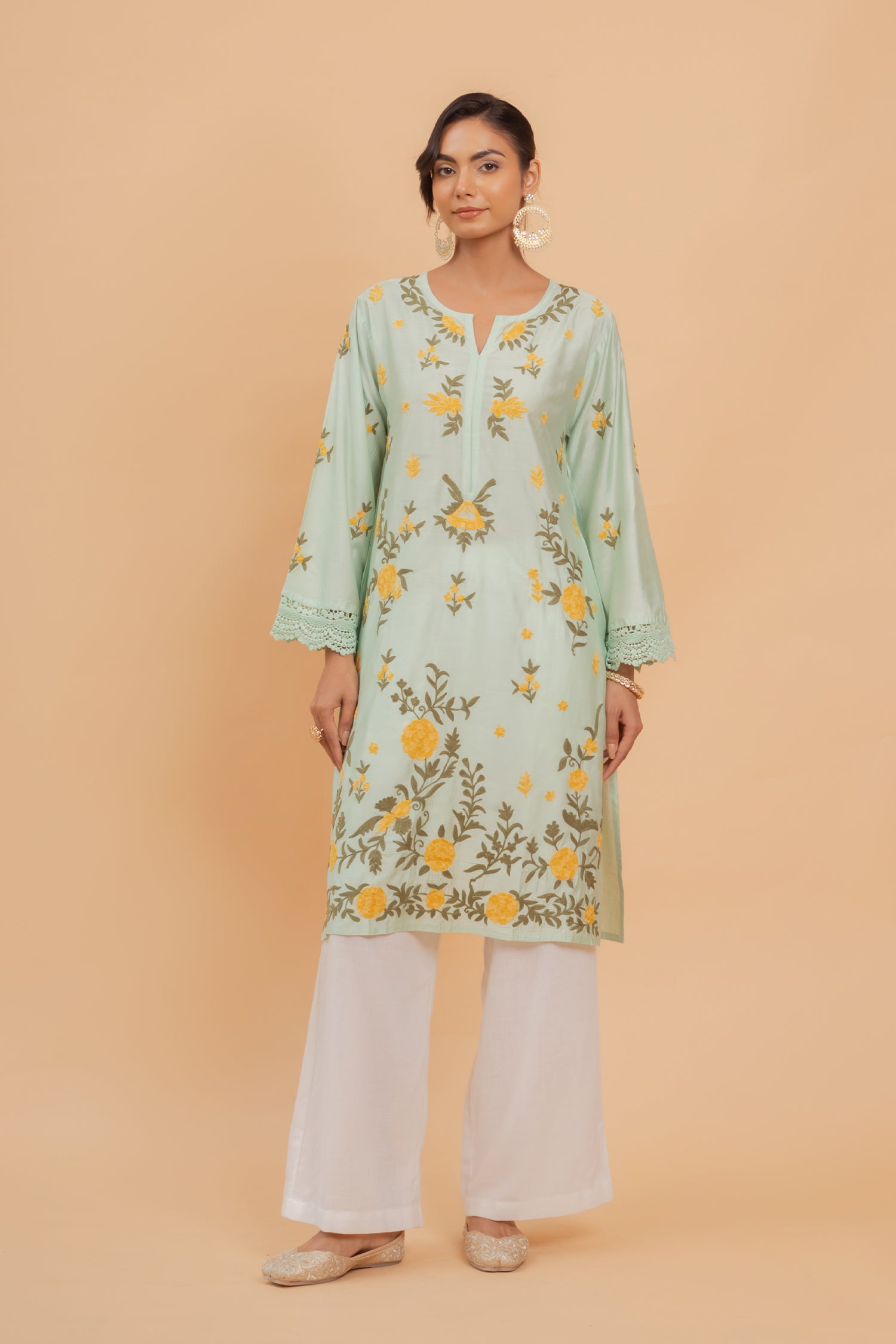 Falak Kashmiri Long Kurta In Turquoise Green Chanderi Silk With Aari