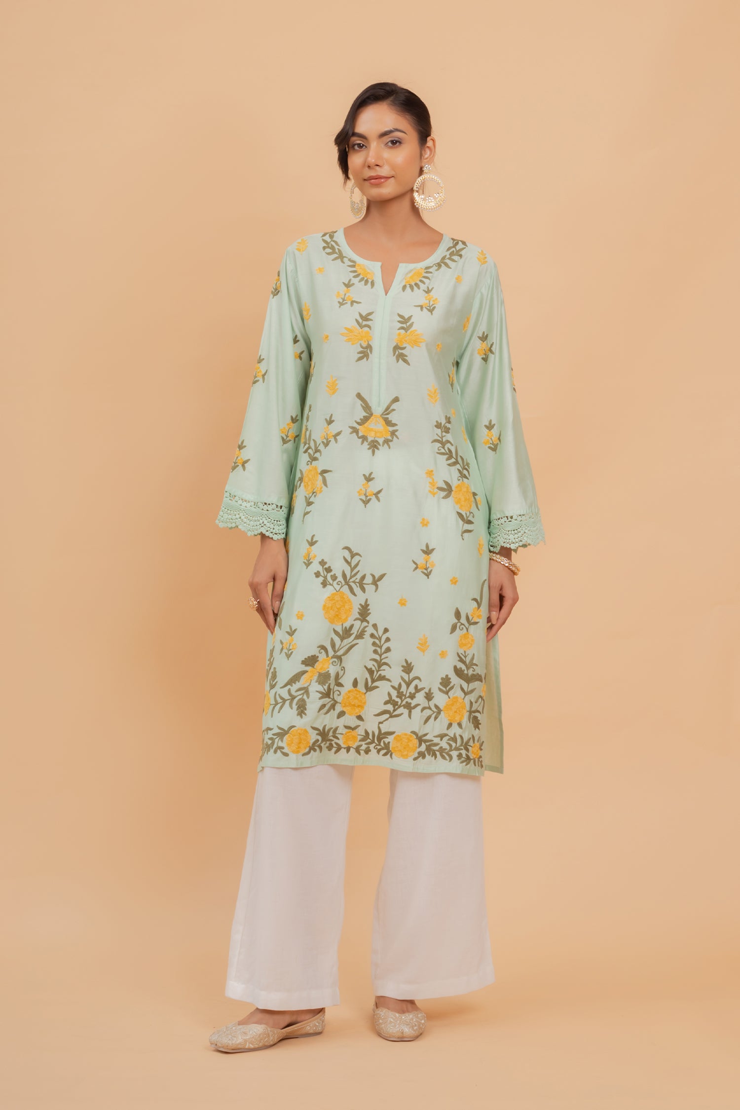 Falak Kashmiri Long Kurta In Turquoise Green Chanderi Silk With Aari