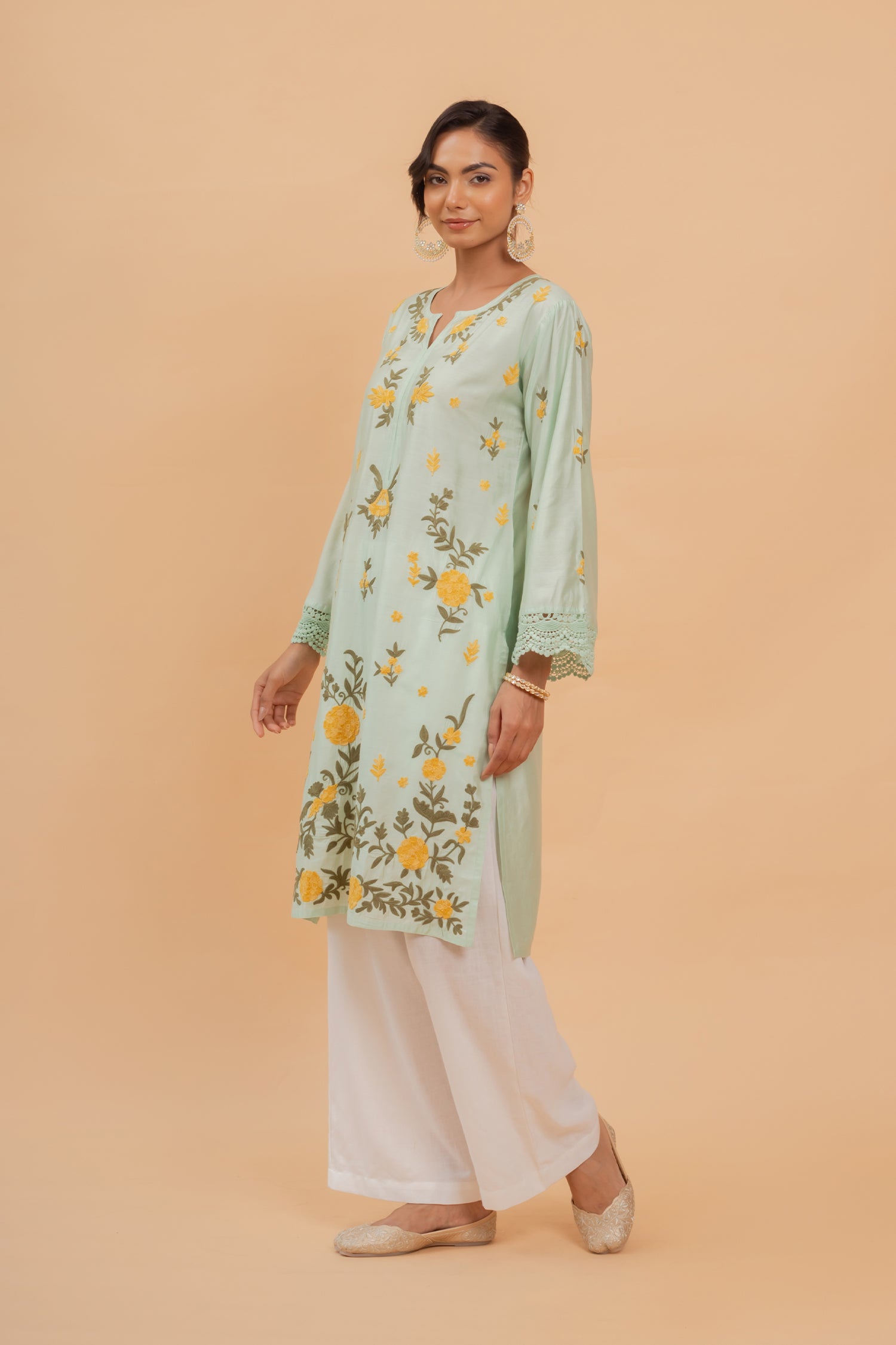 Falak Kashmiri Long Kurta In Turquoise Green Chanderi Silk With Aari