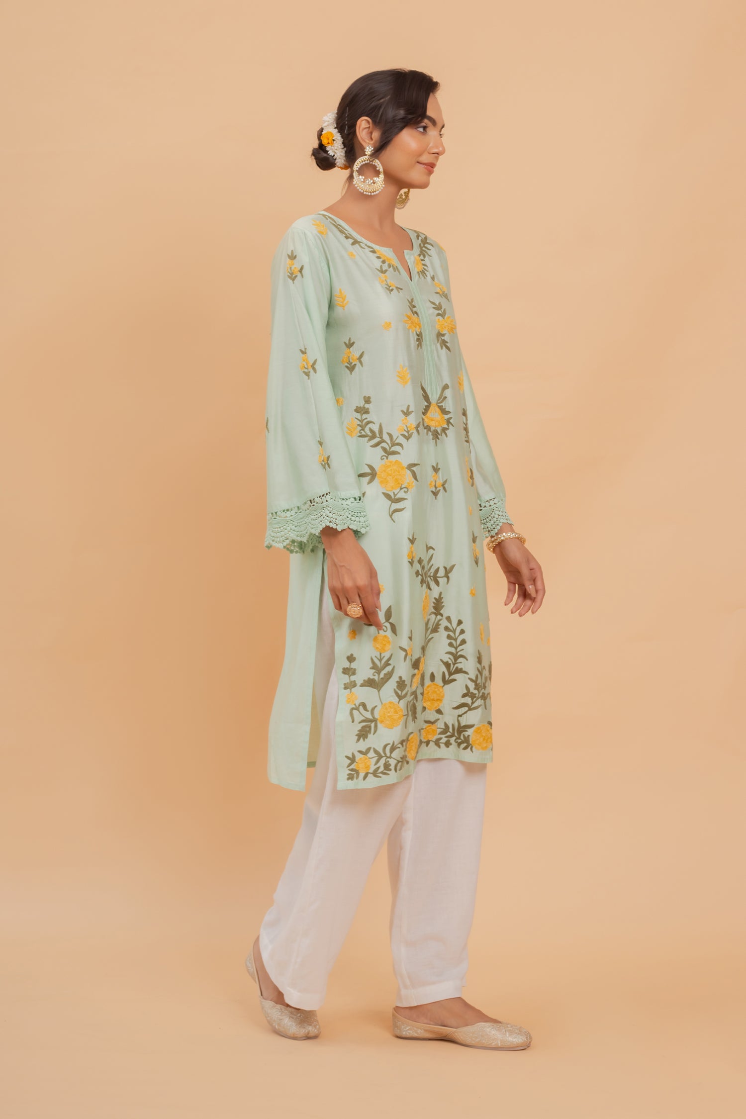 Falak Kashmiri Long Kurta In Turquoise Green Chanderi Silk With Aari