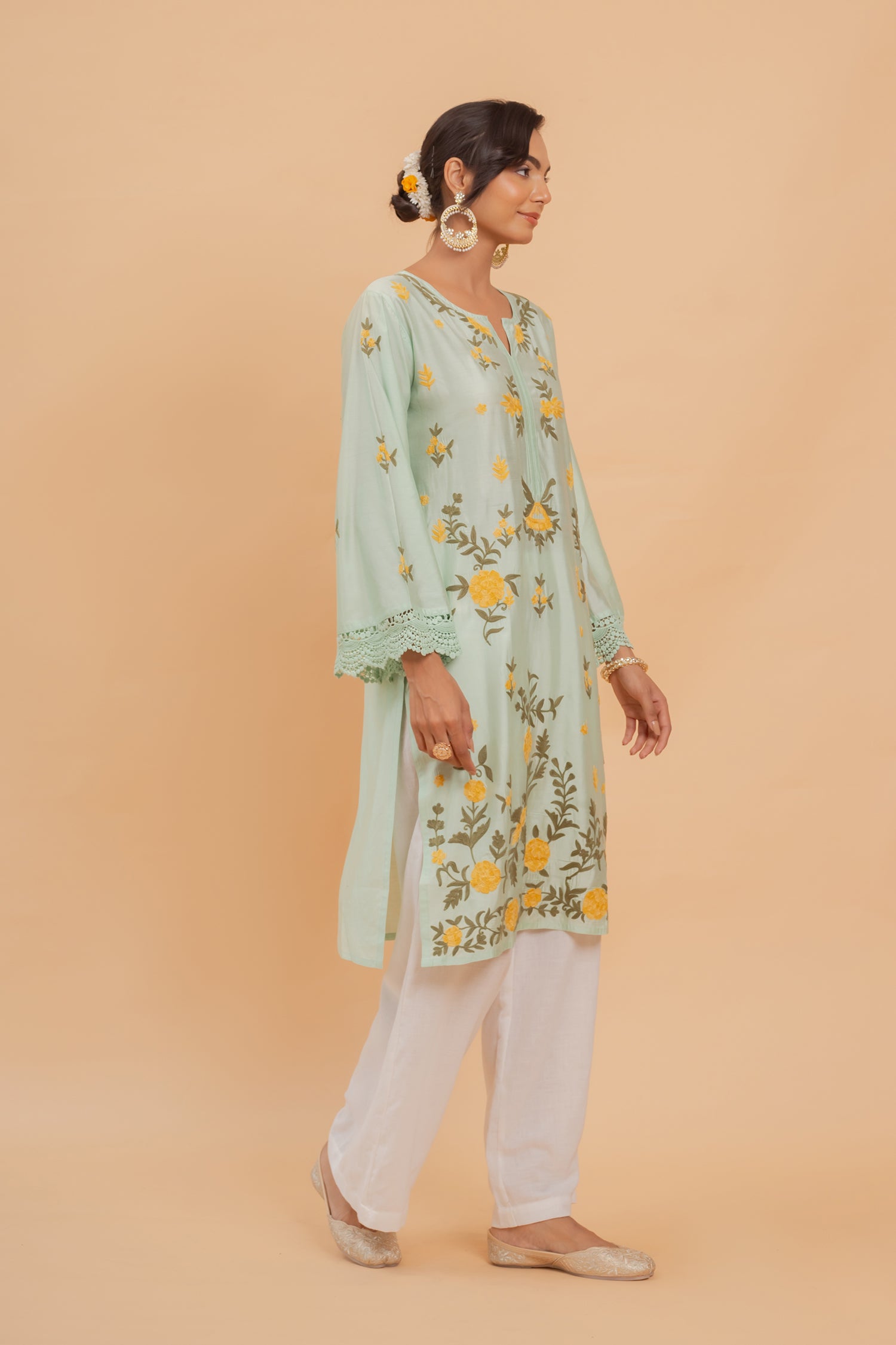 Falak Kashmiri Long Kurta In Turquoise Green Chanderi Silk With Aari