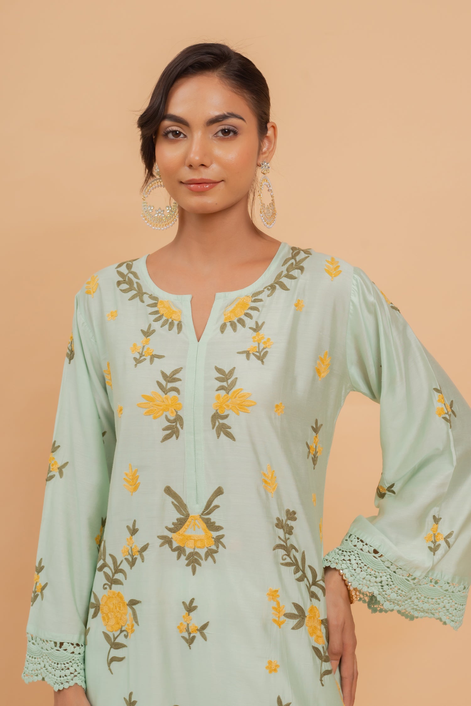 Falak Kashmiri Long Kurta In Turquoise Green Chanderi Silk With Aari