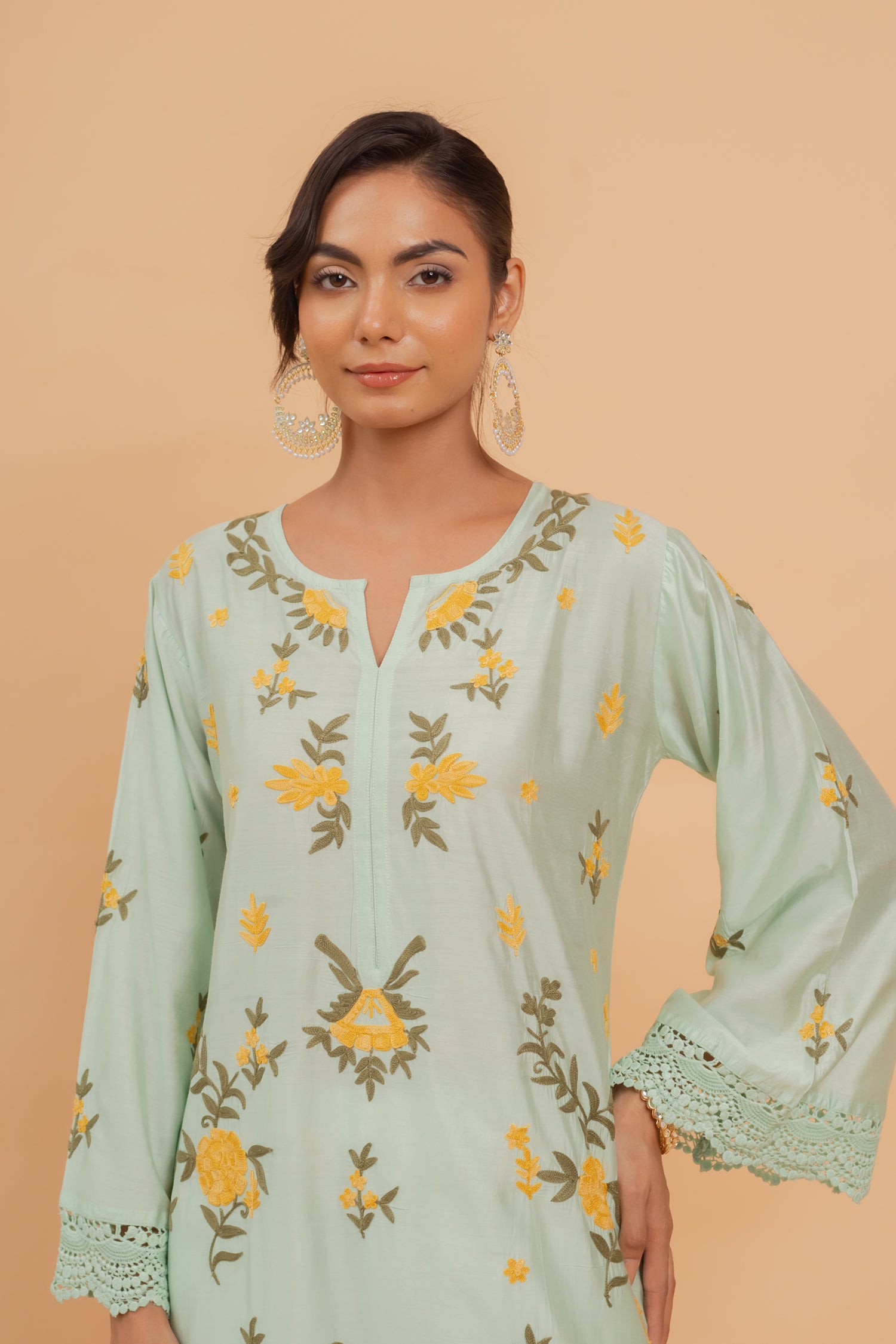 Falak Kashmiri Long Kurta In Turquoise Green Chanderi Silk With Aari