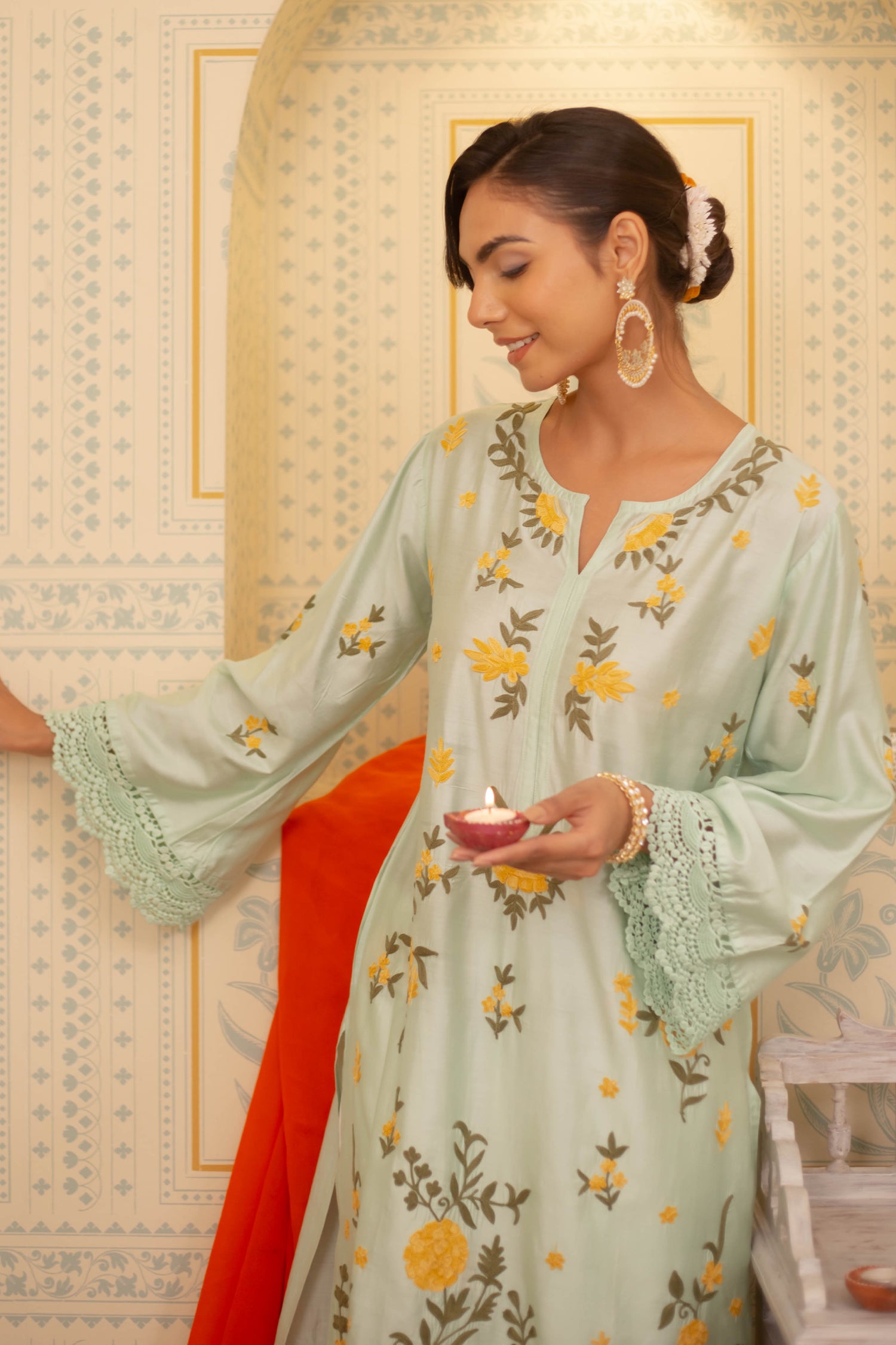 Falak Kashmiri Long Kurta In Turquoise Green Chanderi Silk With Aari