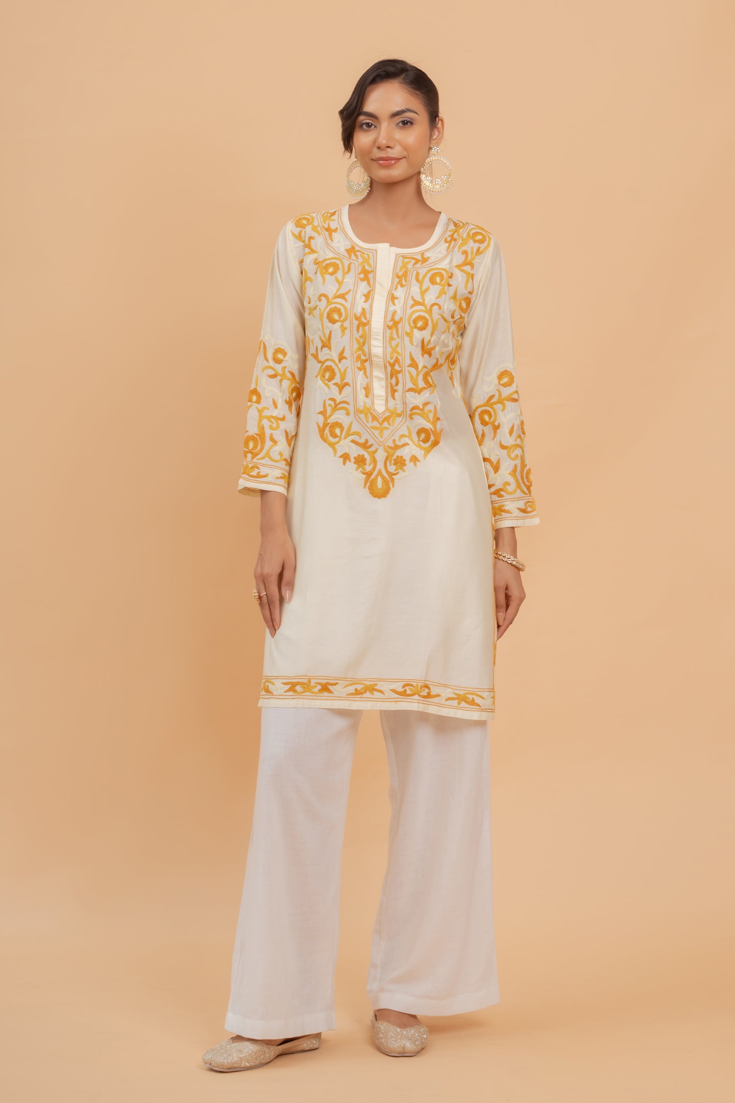 Falak Kashmiri Long Kurta In Chanderi Silk With Yellow Embroidery