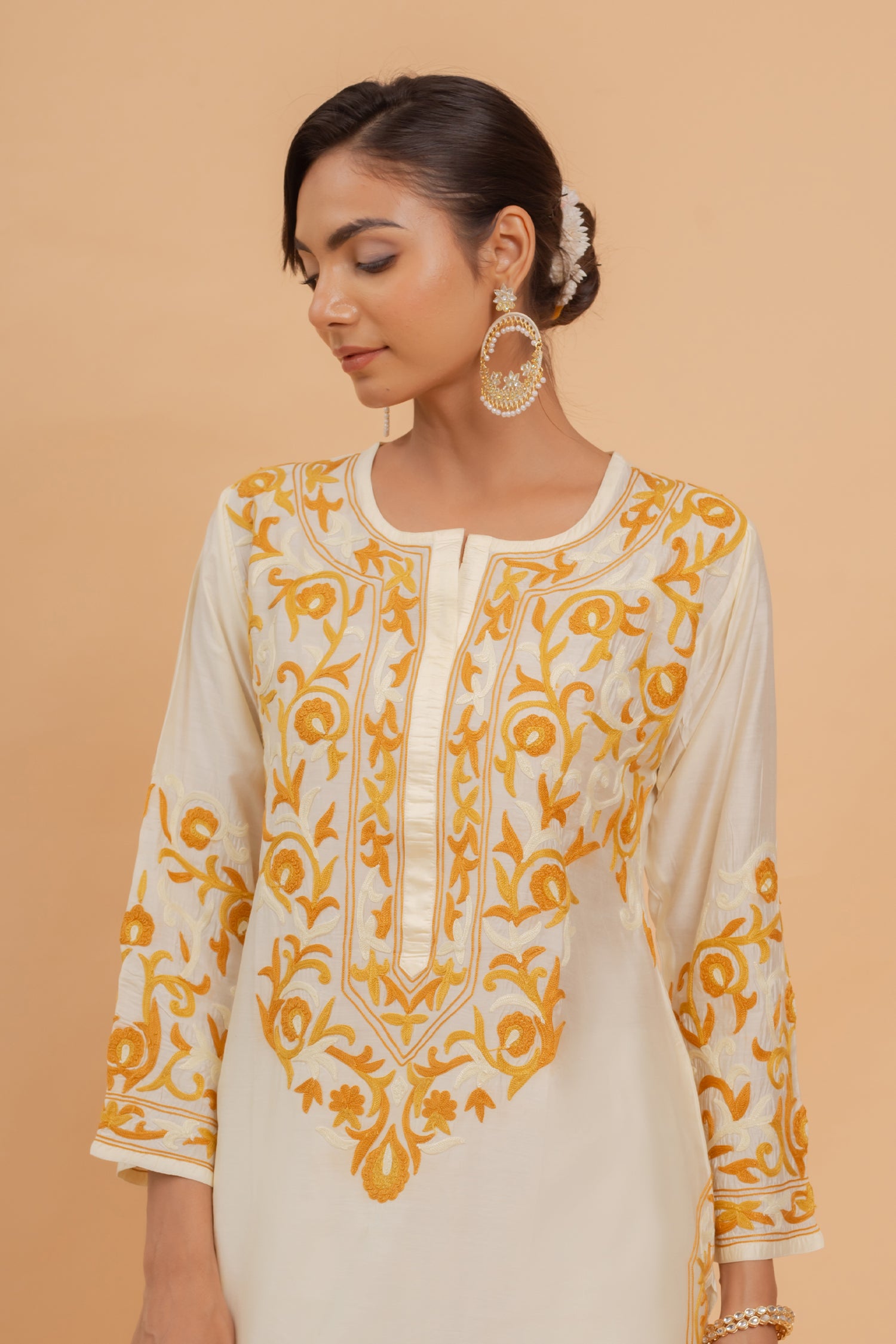 Falak Kashmiri Long Kurta In Chanderi Silk With Yellow Embroidery