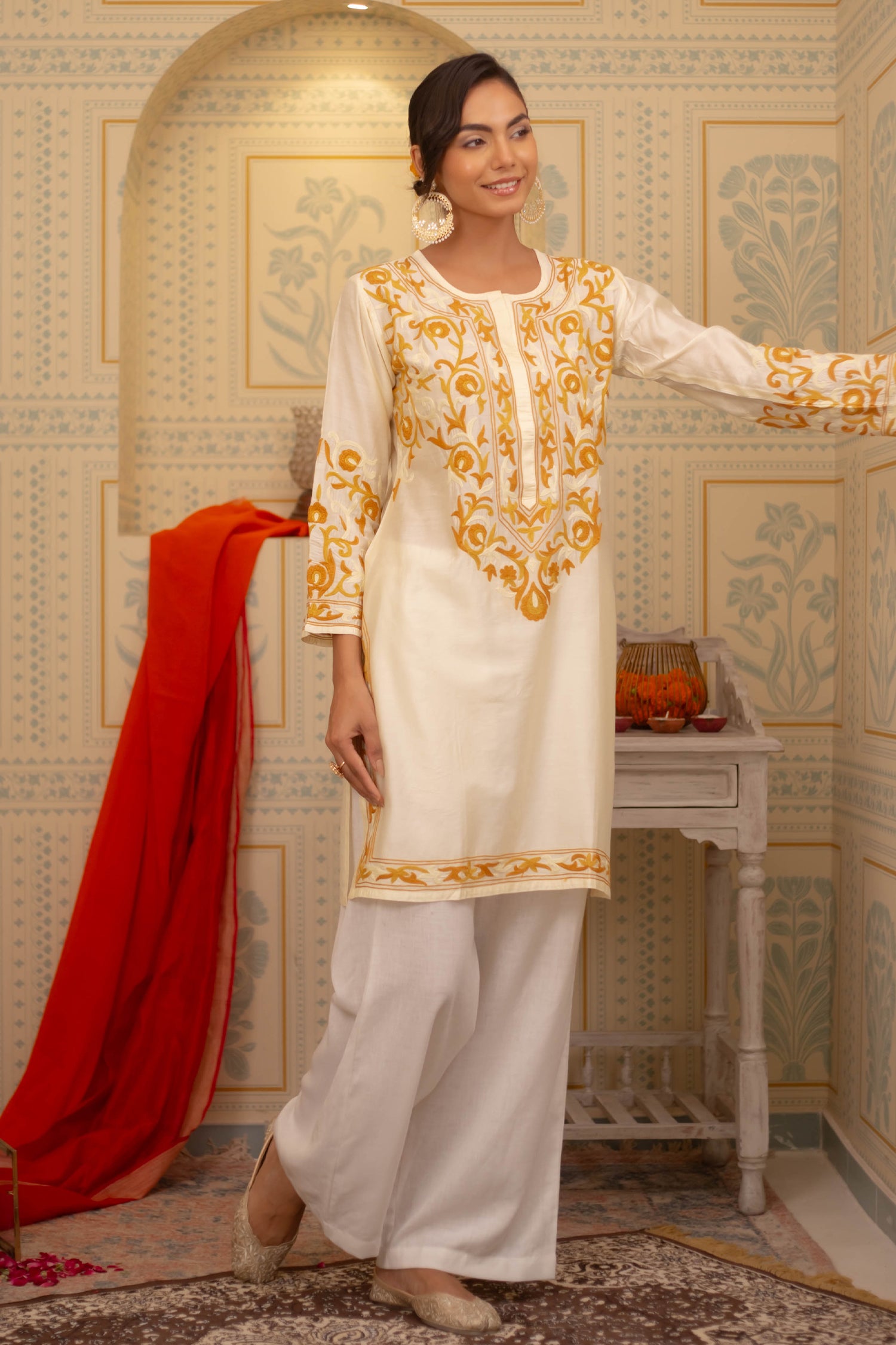 Falak Kashmiri Long Kurta In Chanderi Silk With Yellow Embroidery