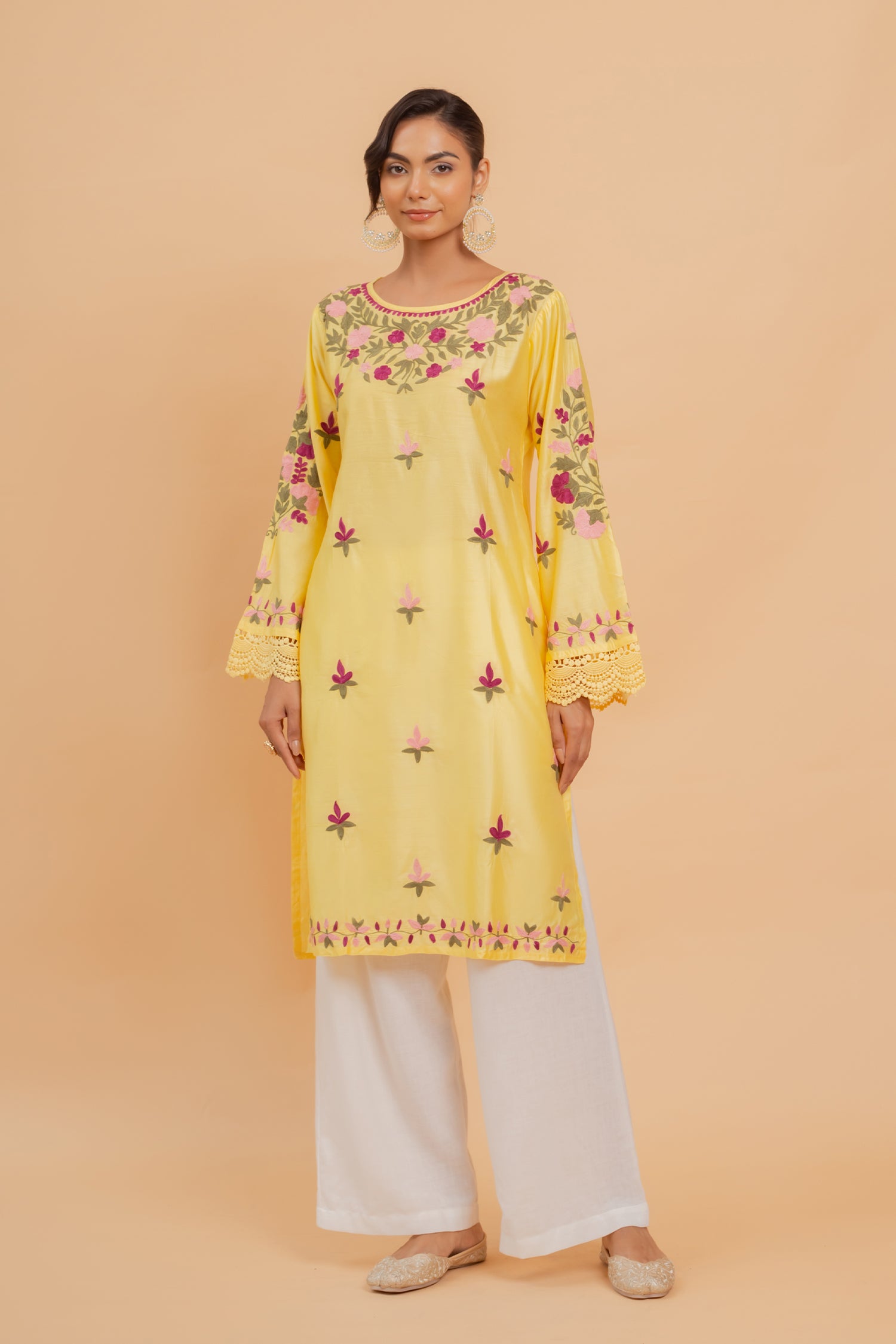 Gargi in Falak Kashmiri Long Kurta In Yellow Chanderi Silk With Aari