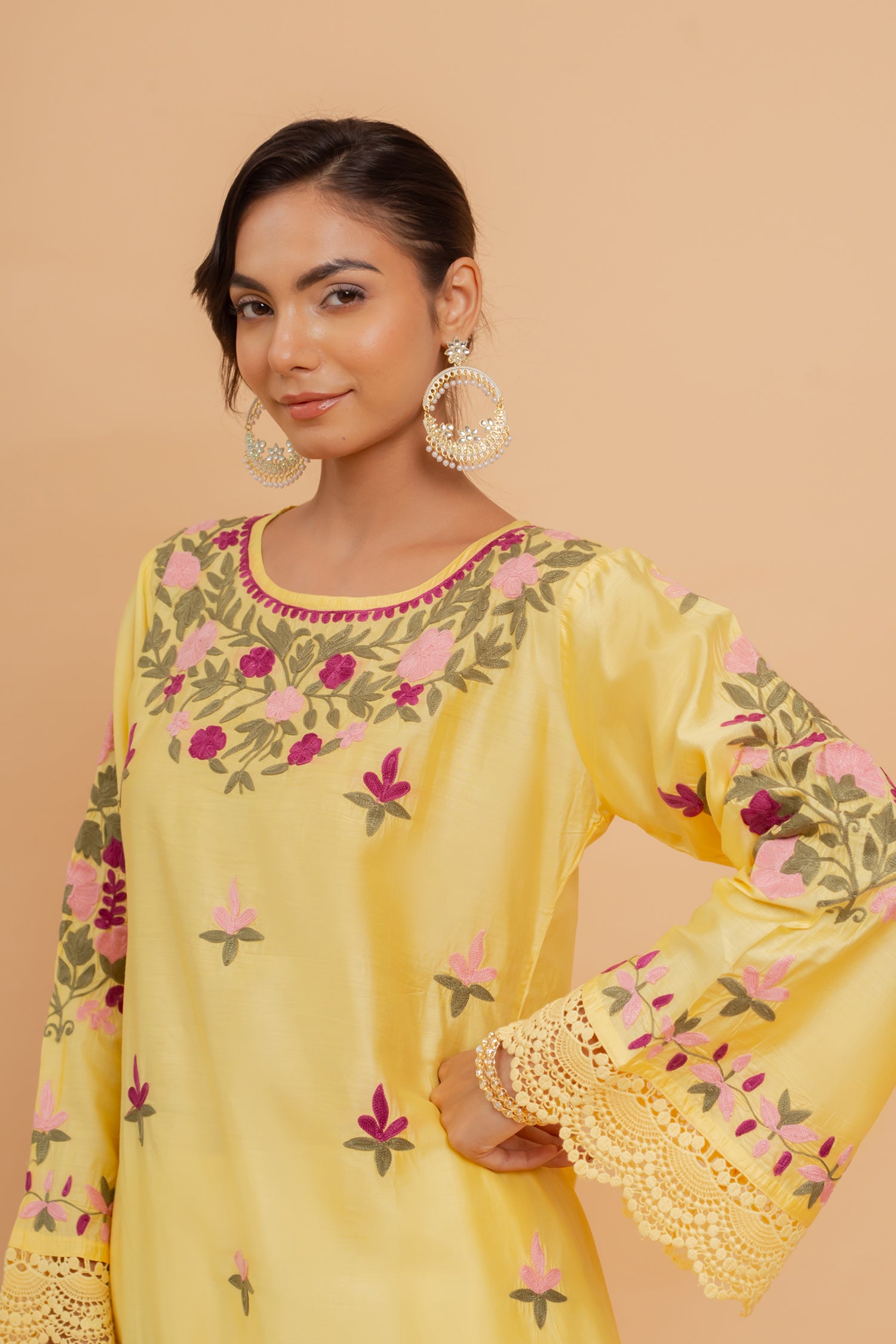 Gargi in Falak Kashmiri Long Kurta In Yellow Chanderi Silk With Aari