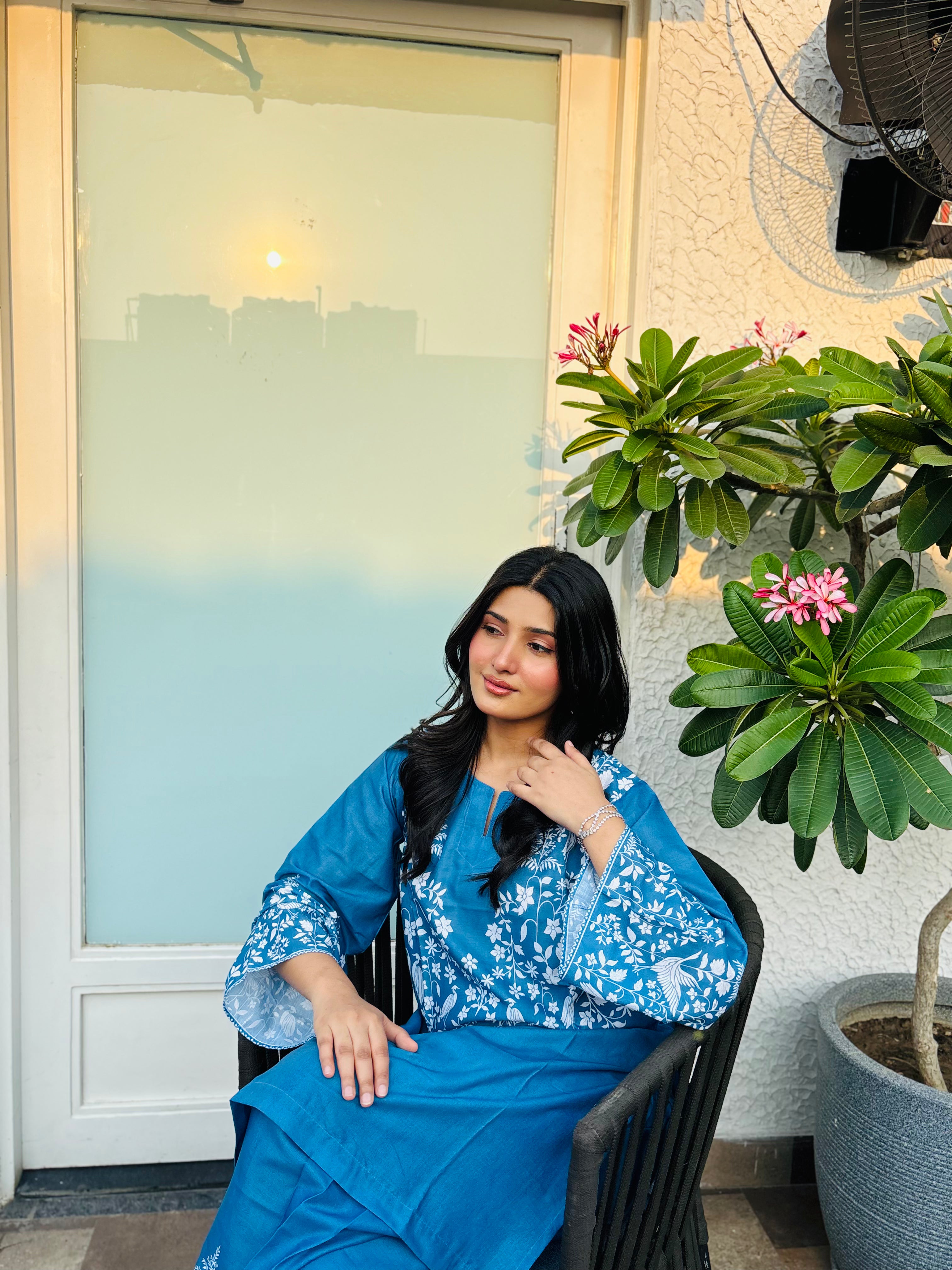 Fiza Malik x HOK in Indigo Blue Printed Lawn Cotton Kurta Set with Farsi Pants
