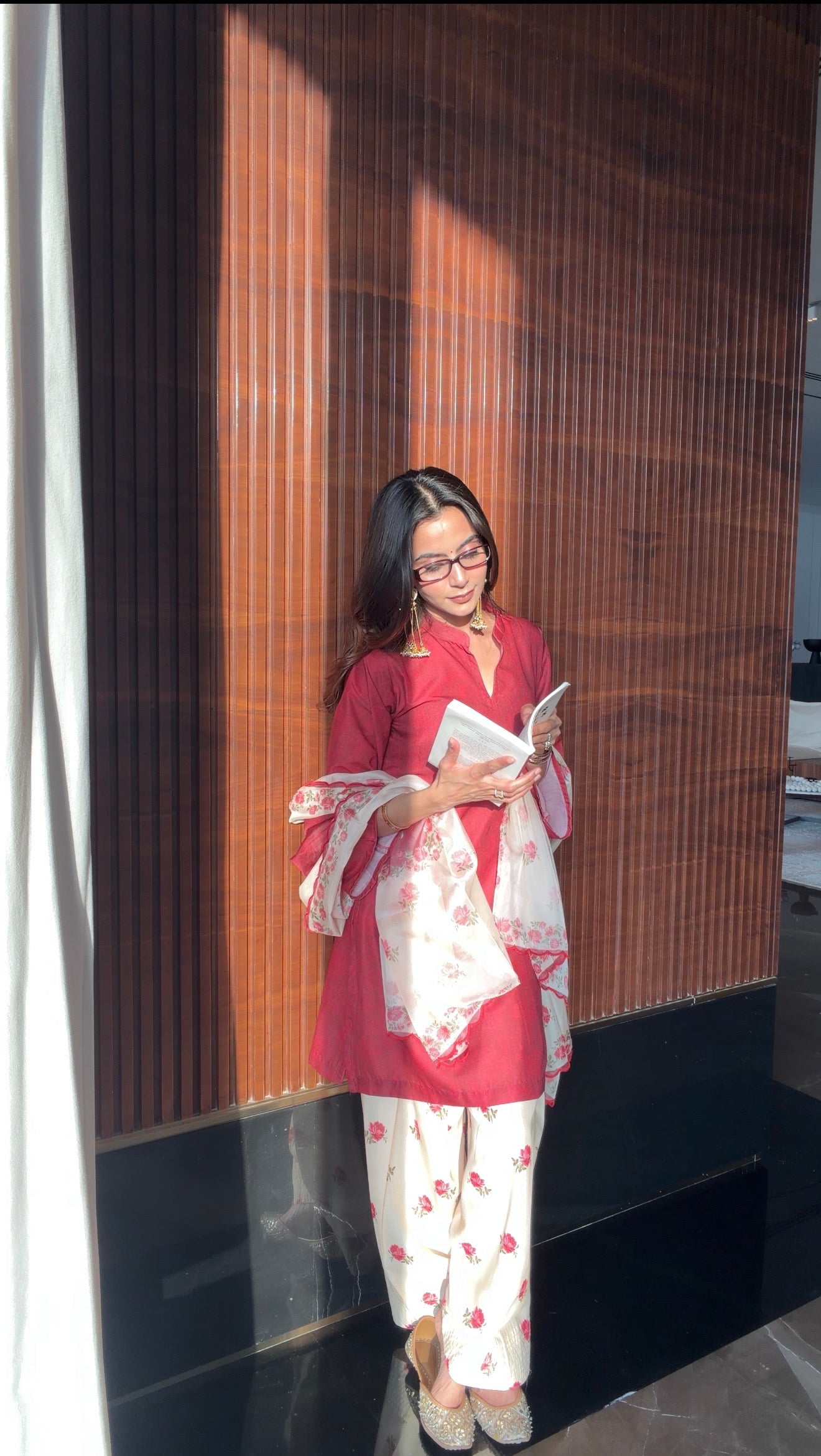 Sonali X Red Printed Lawn Cotton Kurta Set with Farsi Pants