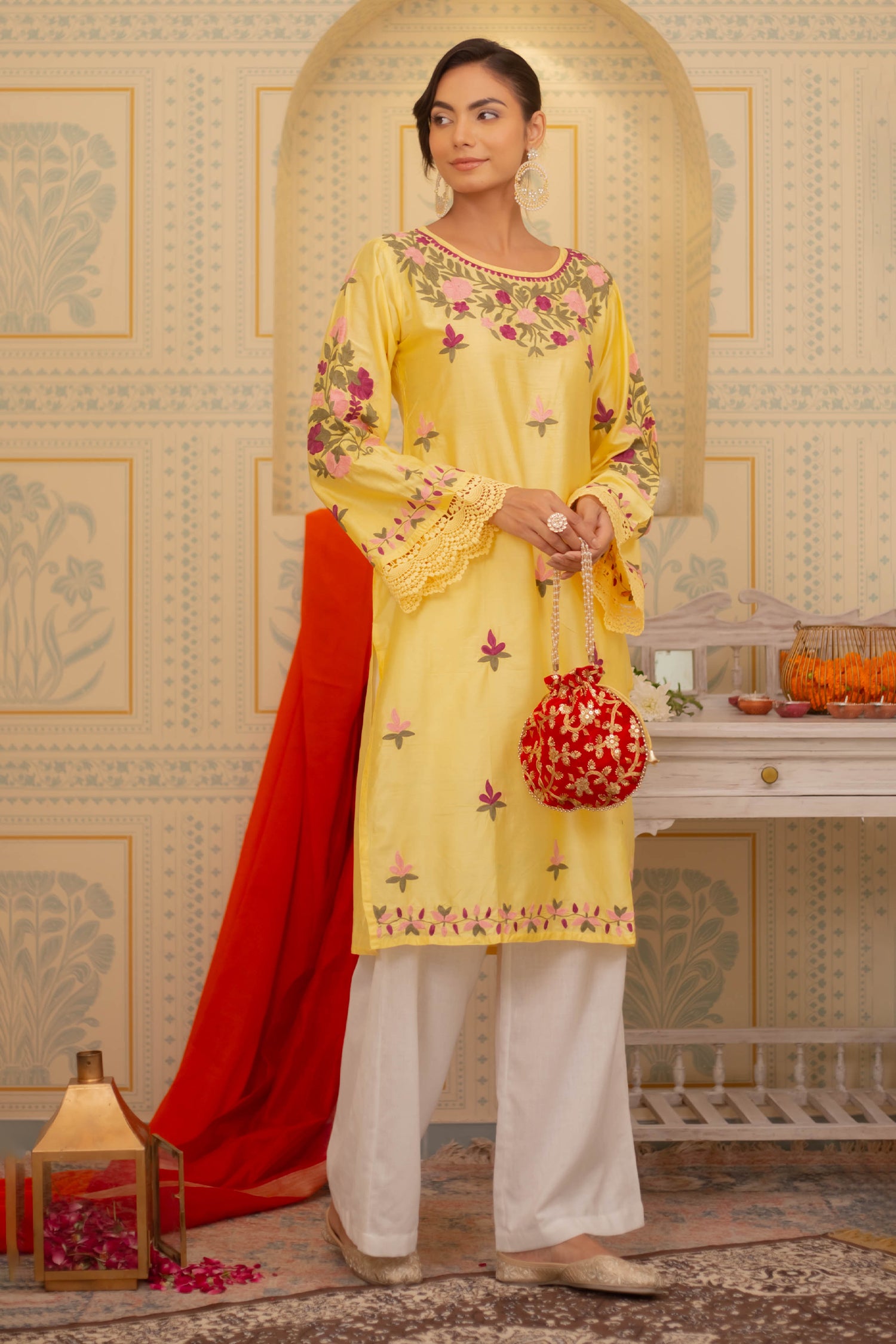 Falak Kashmiri Long Kurta In Yellow Chanderi Silk With Aari