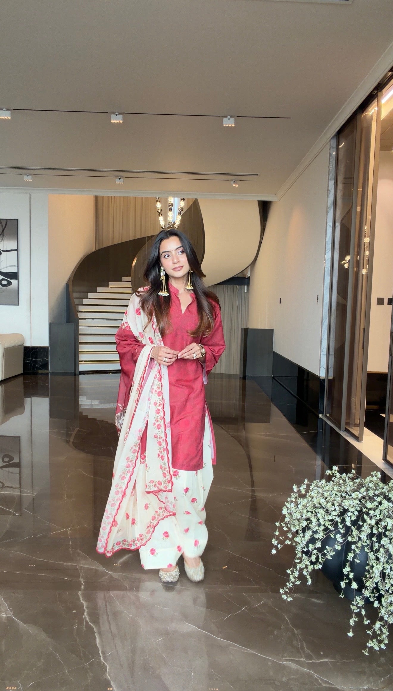 Sonali X Red Printed Lawn Cotton Kurta Set with Farsi Pants