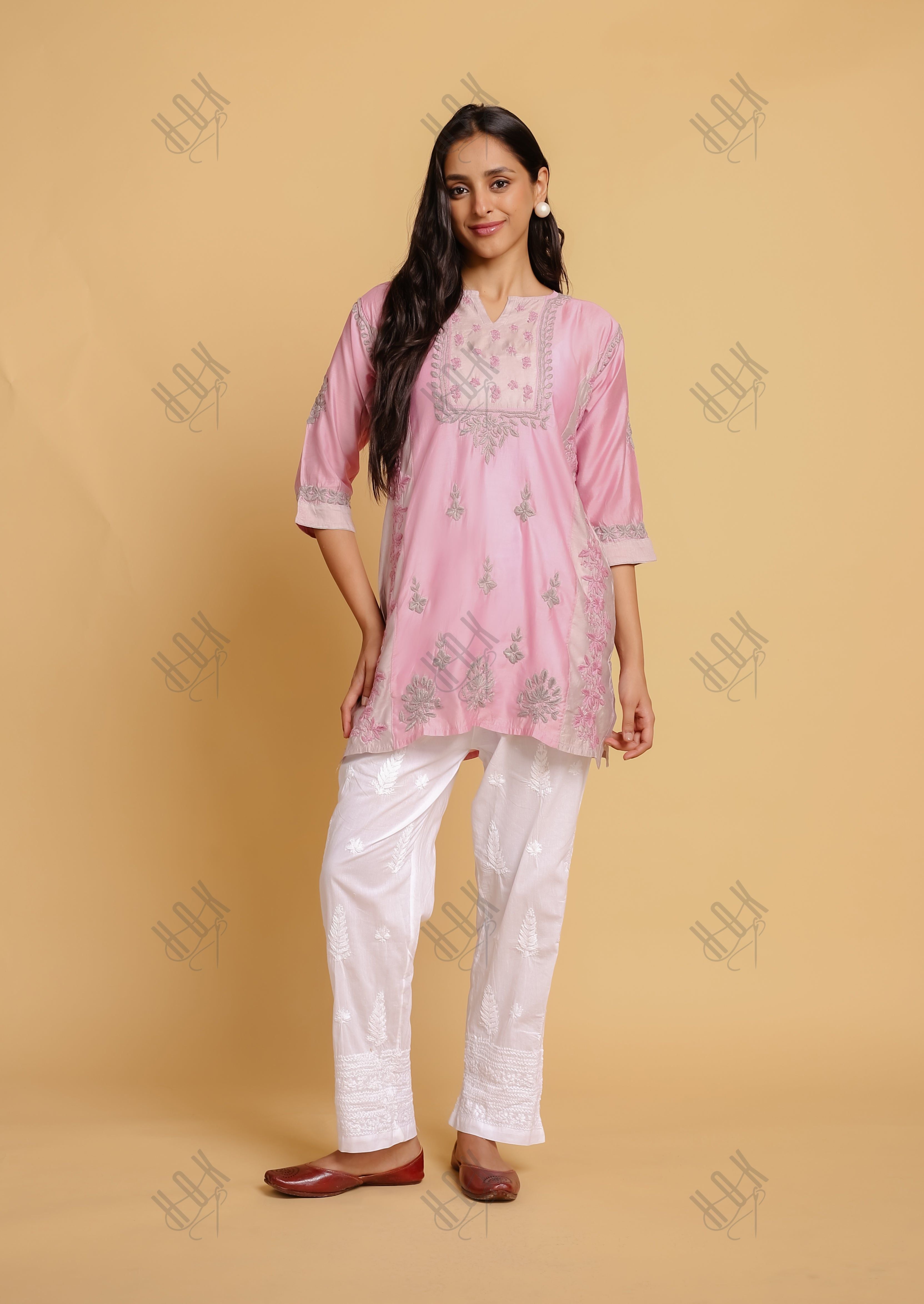 Saba Chikankari Short kurta in Chanderi Silk - Peach with Grey