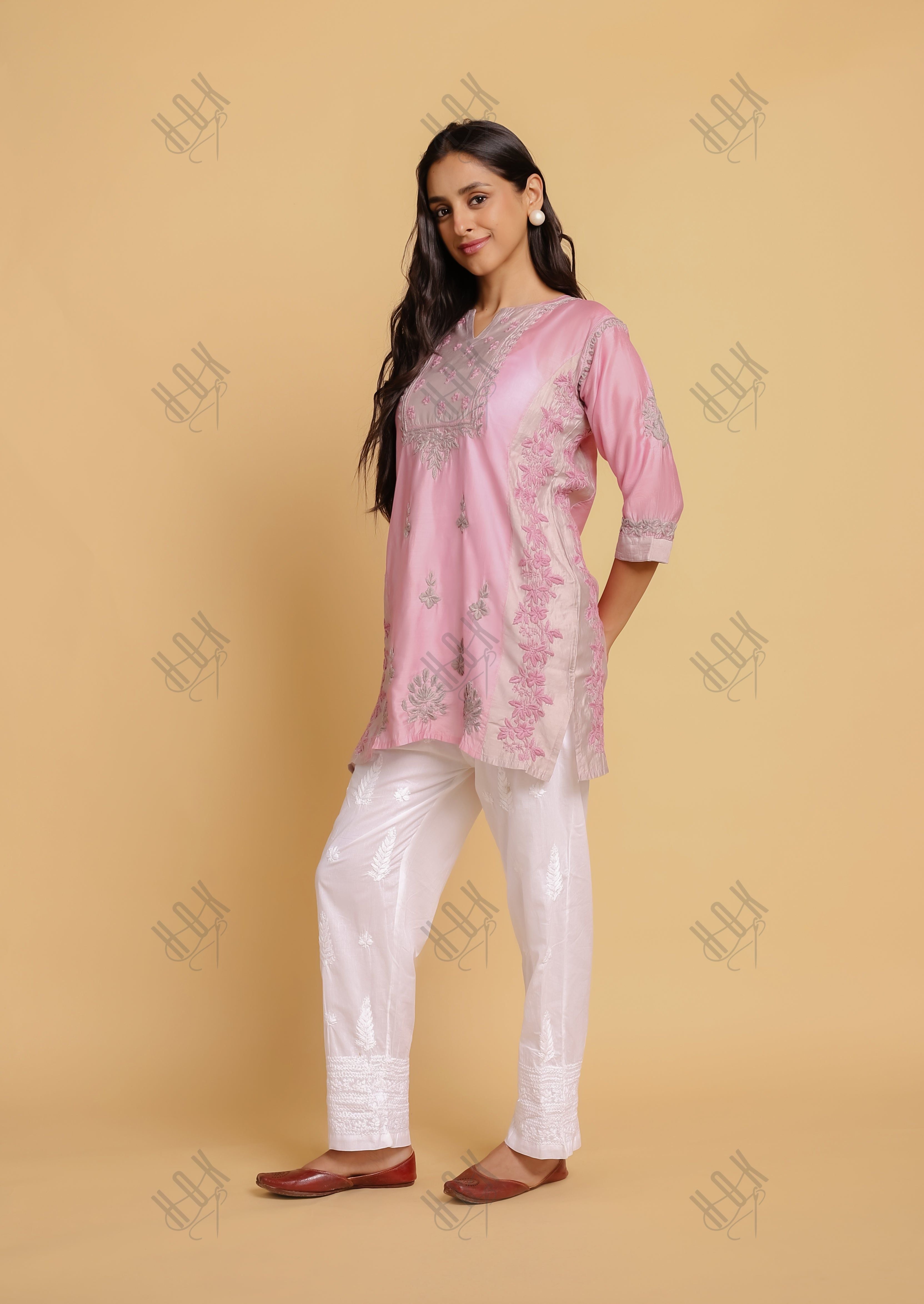 Saba Chikankari Short kurta in Chanderi Silk - Peach with Grey